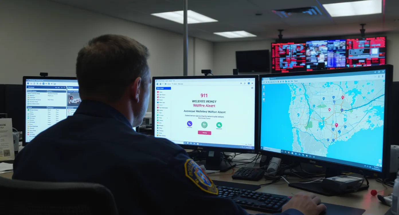 A modern 911 dispatch center with multiple monitors showing call queues and a large digital map while a telecommunicator reviews an automated welfare alert on screen.