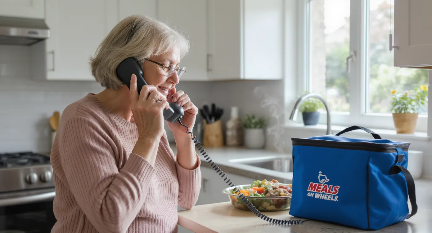 A senior woman in a bright kitchen answers a corded telephone while a Meals on Wheels insulated delivery bag rests on the counter next to a hot meal tray, illustrating a daily check-in call happening alongside meal delivery.