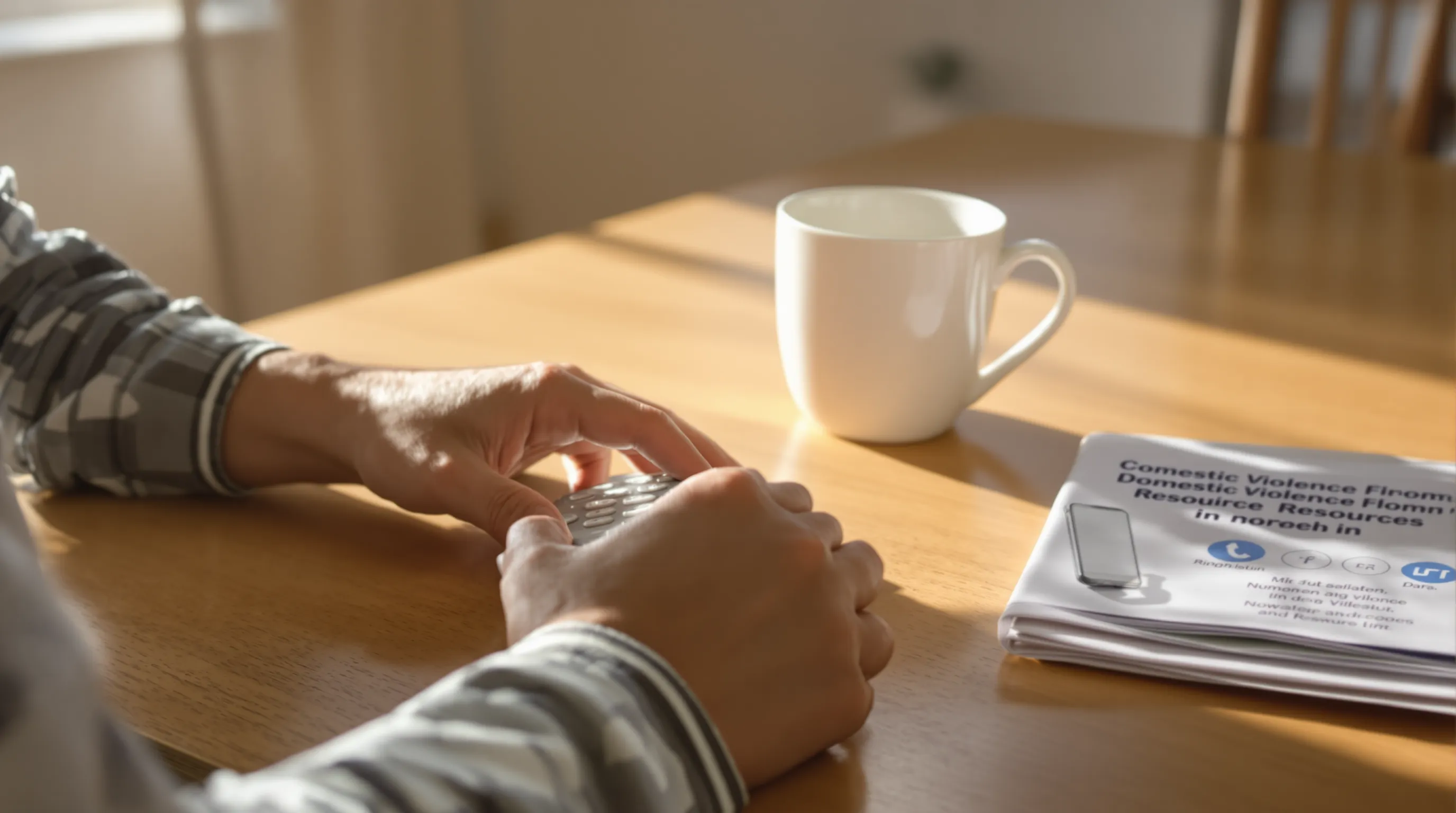 A person sits at a kitchen table in the early morning light, quietly pressing a single button on a basic flip phone as a neutral automated call comes in. A chipped mug and folded domestic violence resource brochure are visible nearby, illustrating a discreet daily check-in moment.