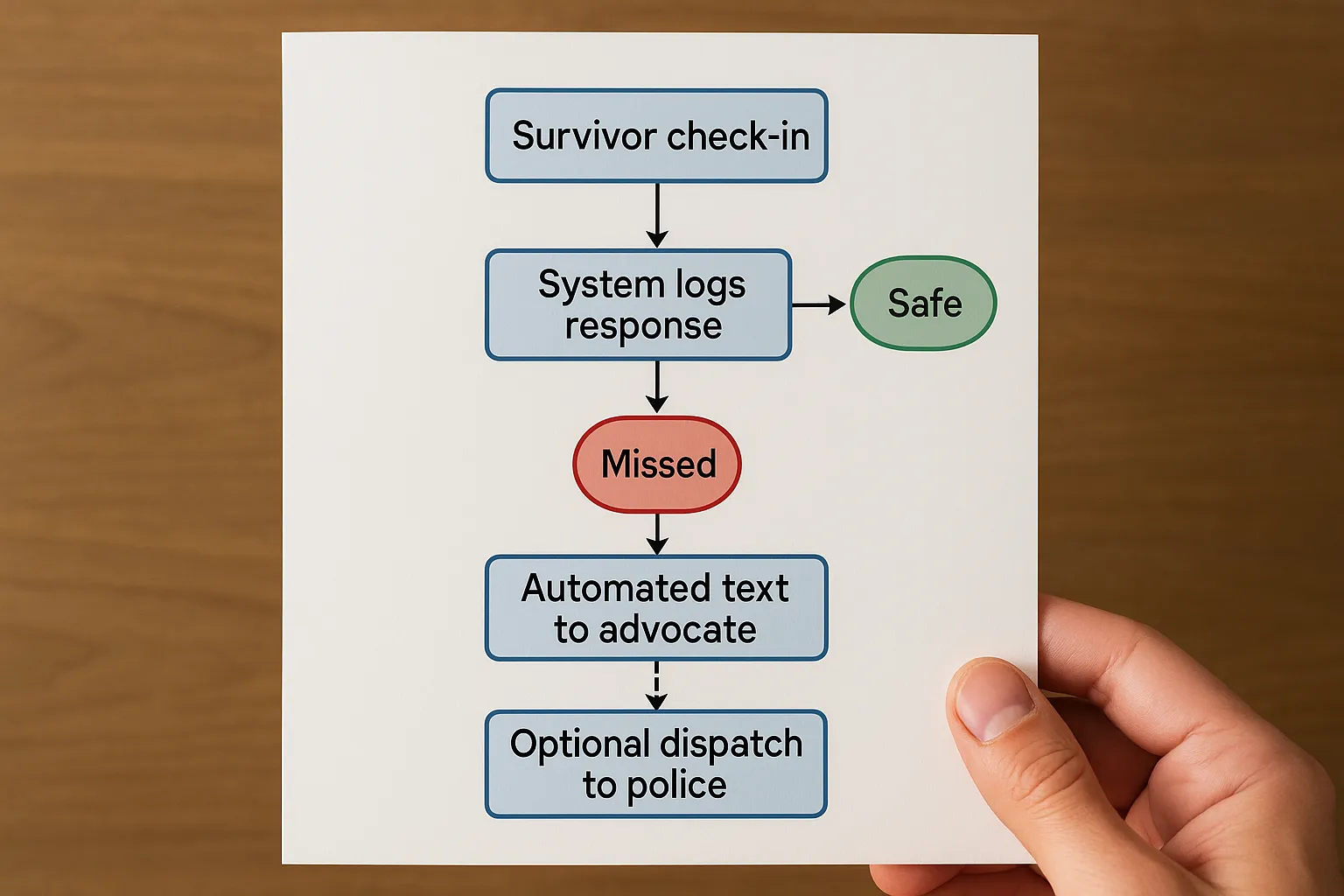 A simple flowchart diagram shows: Survivor check-in ➔ system logs response ➔ green ‘safe’ status or red ‘missed’ status ➔ if missed, automated text to advocate, then optional dispatch to police.