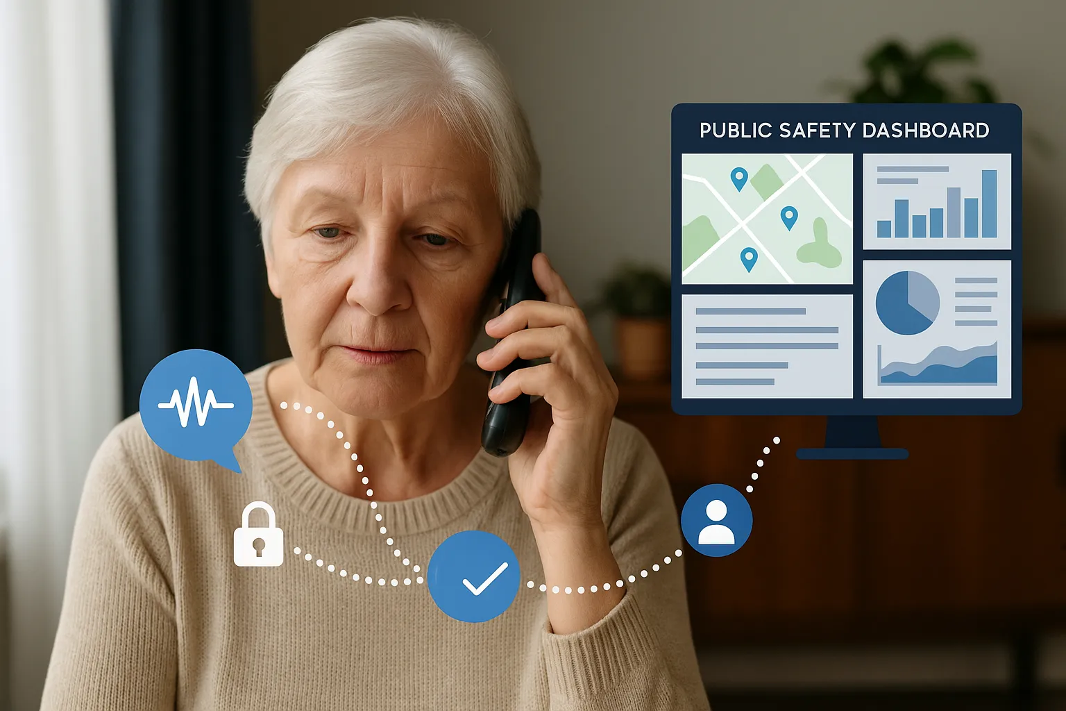 Illustration showing an elderly resident answering an automated check-in call on a cordless phone while icons represent data flowing securely to a public safety dashboard, reducing dispatcher workload.