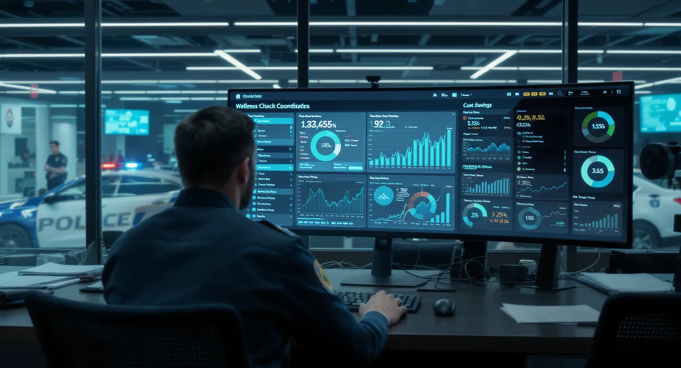 Public-safety coordinator reviews a dashboard displaying real-time wellness check statistics and cost savings charts next to a patrol car in a modern operations center.