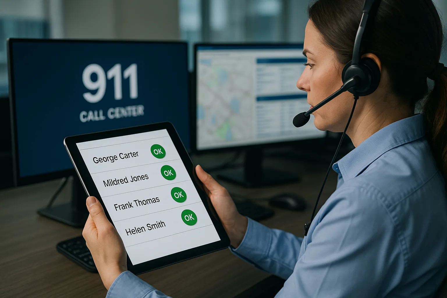 Illustration of a tablet showing a green "OK" status beside multiple senior names, with a dispatcher reviewing real-time alerts in a modern 911 call center.