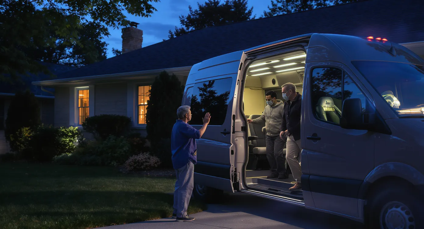 Evening scene showing a caregiver waving goodbye to an older adult stepping off a transport van in front of a house at dusk, highlighting the transition from structured care to home alone.