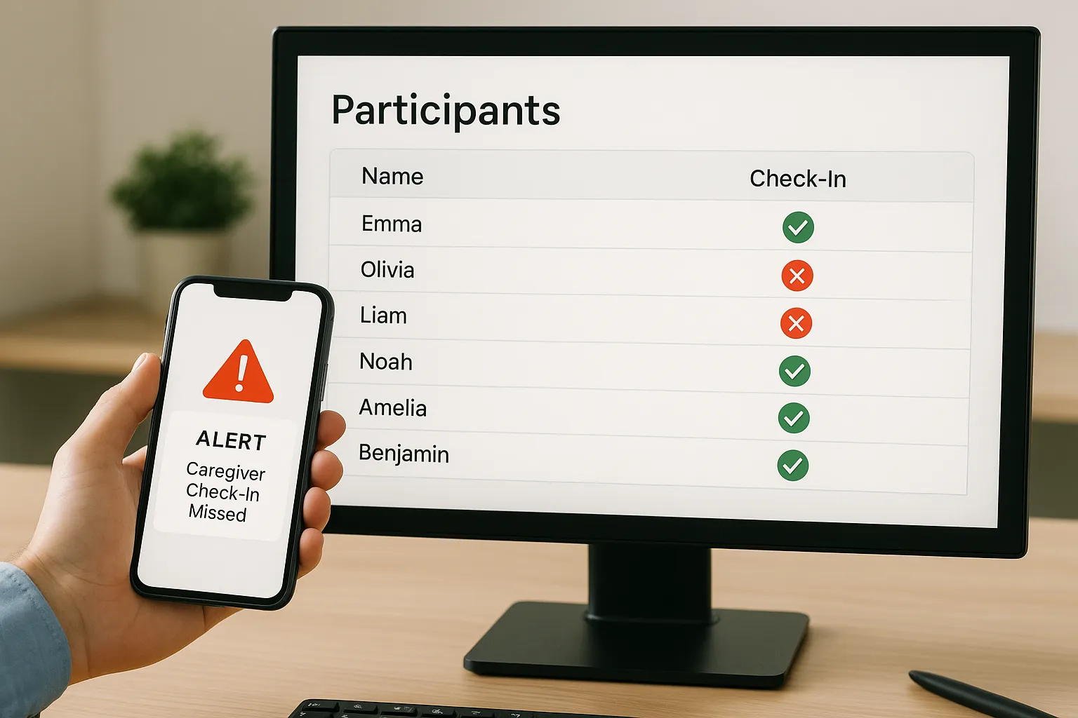 Dashboard illustration displaying a list of participants, check-in status indicators, and an automated alert sent to a caregiver’s smartphone.