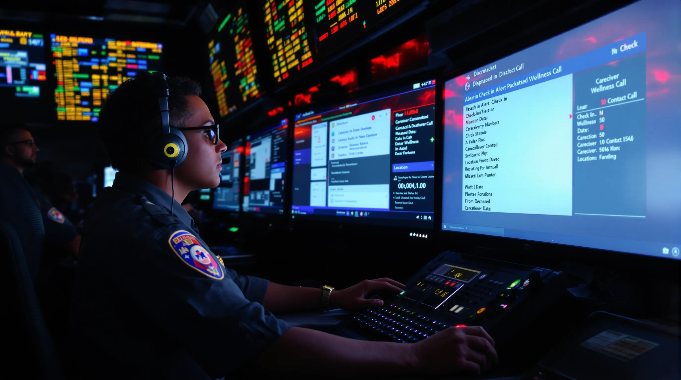 A dispatcher in a modern PSAP reviews an on-screen alert packet showing check-in status, caregiver contact numbers, and location data for a missed wellness call. LED status boards and multiple monitors glow softly in a dimly lit operations room.