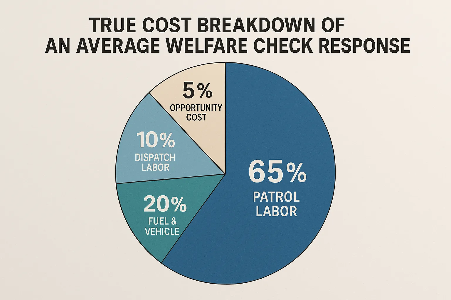 Graphic showing a pie chart: 65 % patrol labor, 20 % fuel & vehicle, 10 % dispatch labor, 5 % opportunity cost – illustrating the true cost breakdown of an average welfare check response.