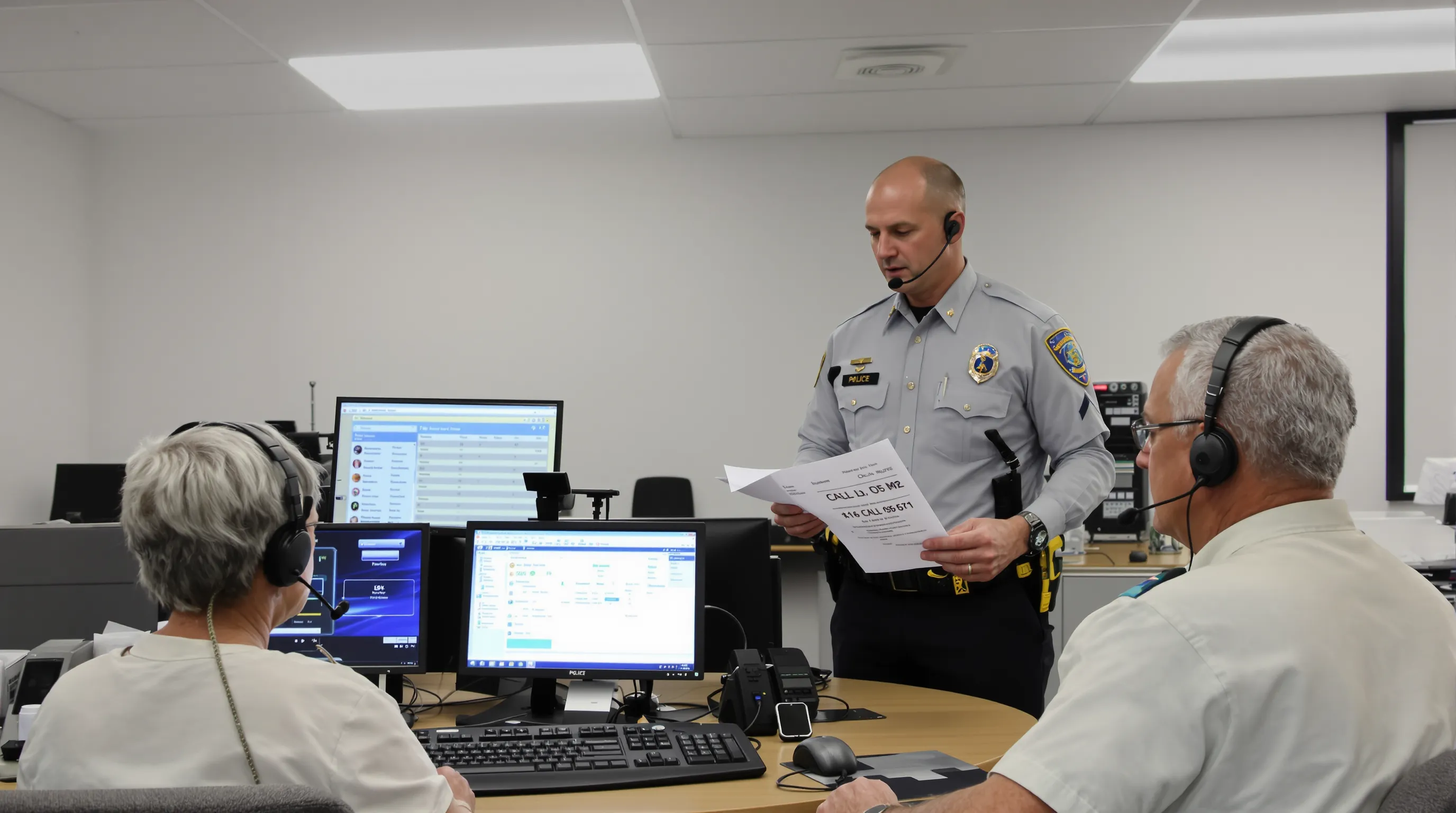 In a brightly lit police community room, two senior volunteers wearing headset phones sit at a desk in front of computer monitors displaying an automated call dashboard while an officer reviews a printed call-log report.