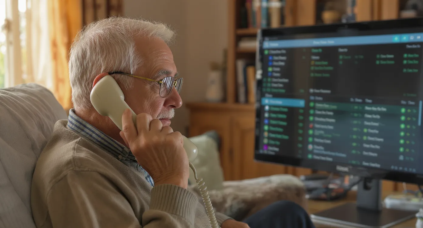 Illustration of an elderly person answering a landline phone while a dashboard displays green checkmarks for confirmed calls, symbolizing simplicity and reliability.
