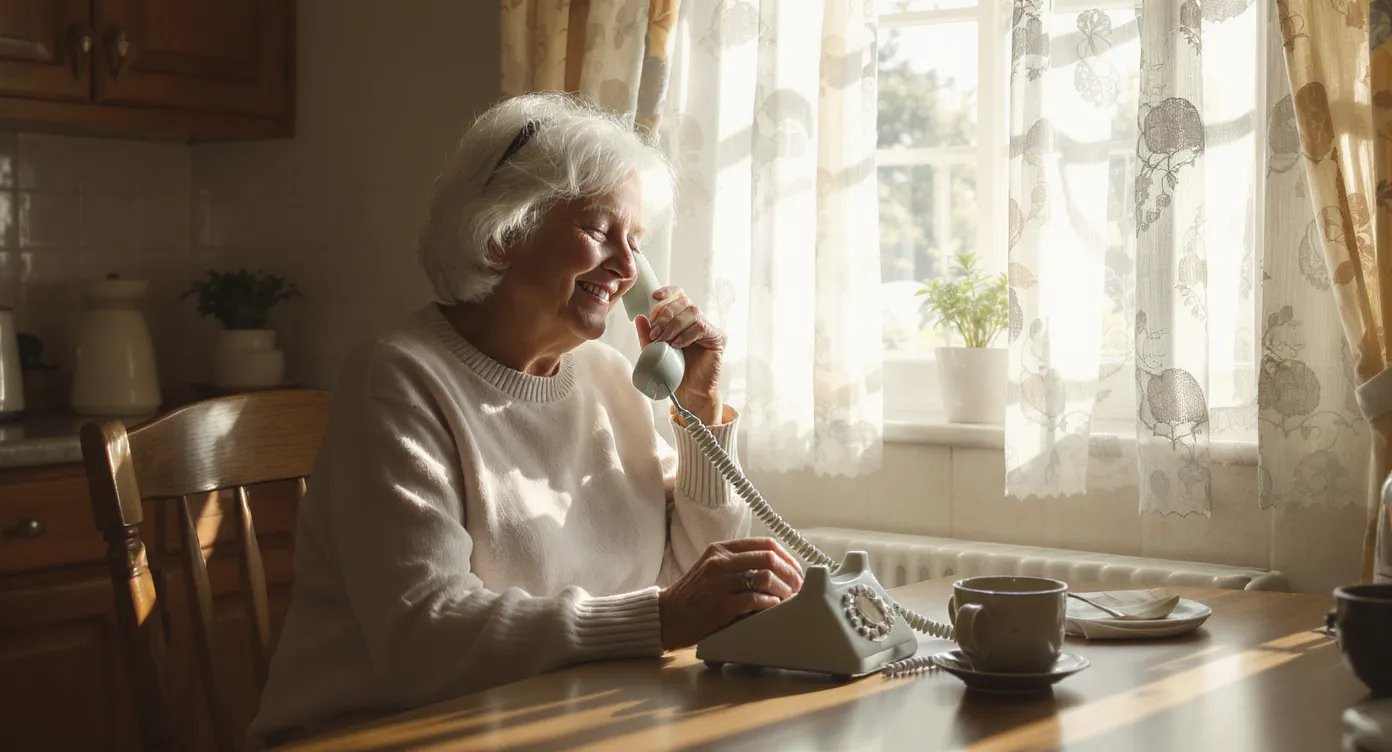 A silver-haired woman sits at her kitchen table answering an old-fashioned landline telephone, smiling as she presses a button to confirm her safety while morning sunlight filters through lace curtains.