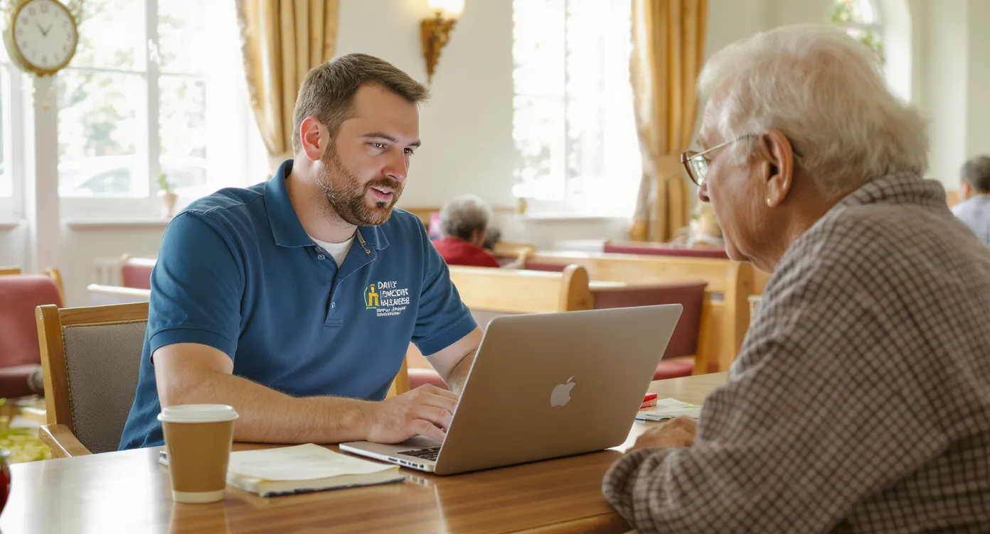 A church volunteer reviews daily check-in reports on a laptop while chatting with an elderly congregant in a sun-lit fellowship hall.