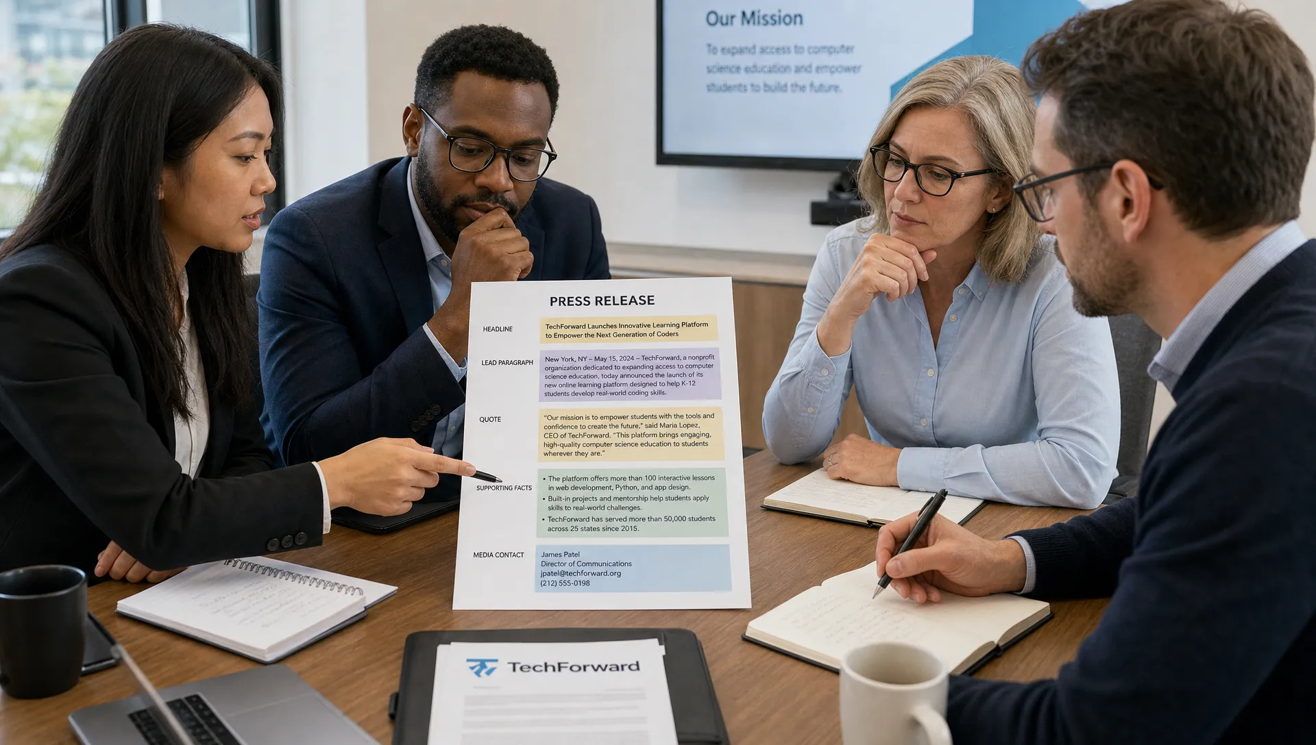 A communications team reviews a concise press release draft on a conference table with highlighted sections for headline, lead paragraph, quote, supporting facts, and media contact.