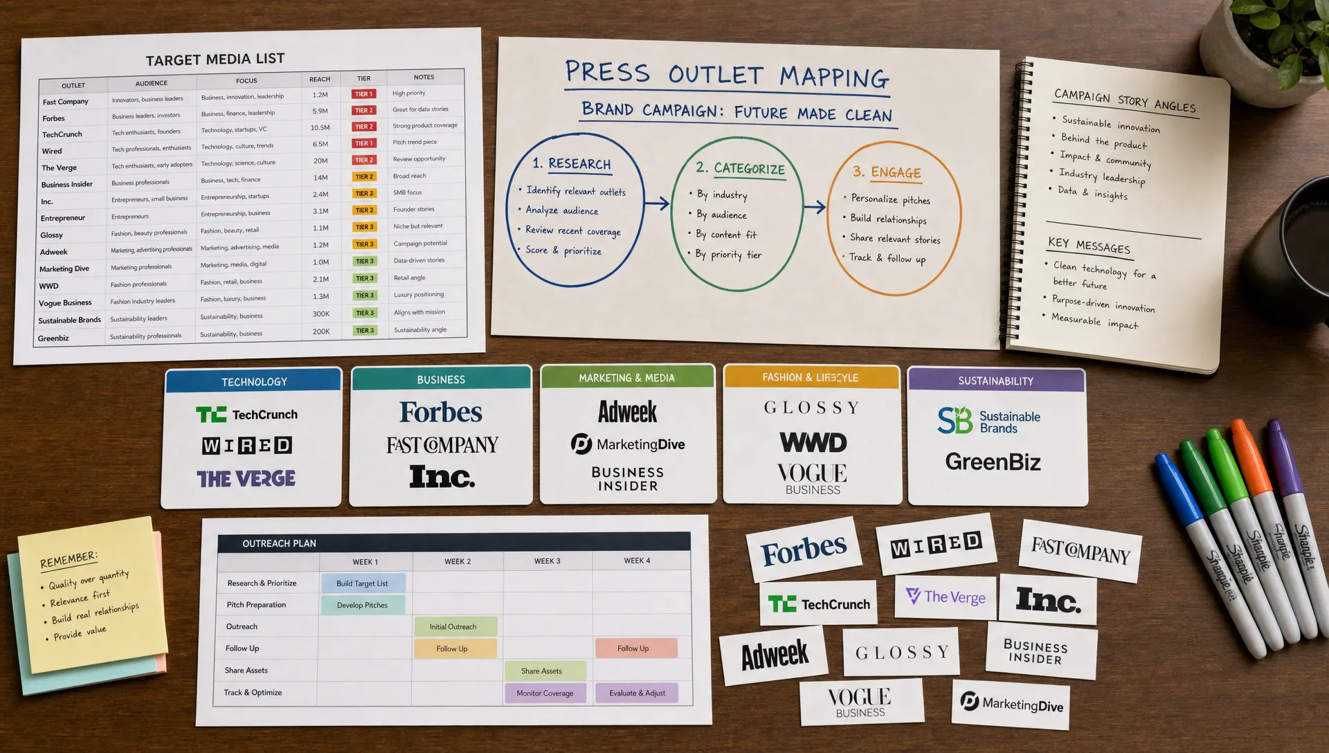 A spread of printed media lists, industry category cards, publication logos, and colored markers arranged into a press outlet mapping workflow for a brand campaign.