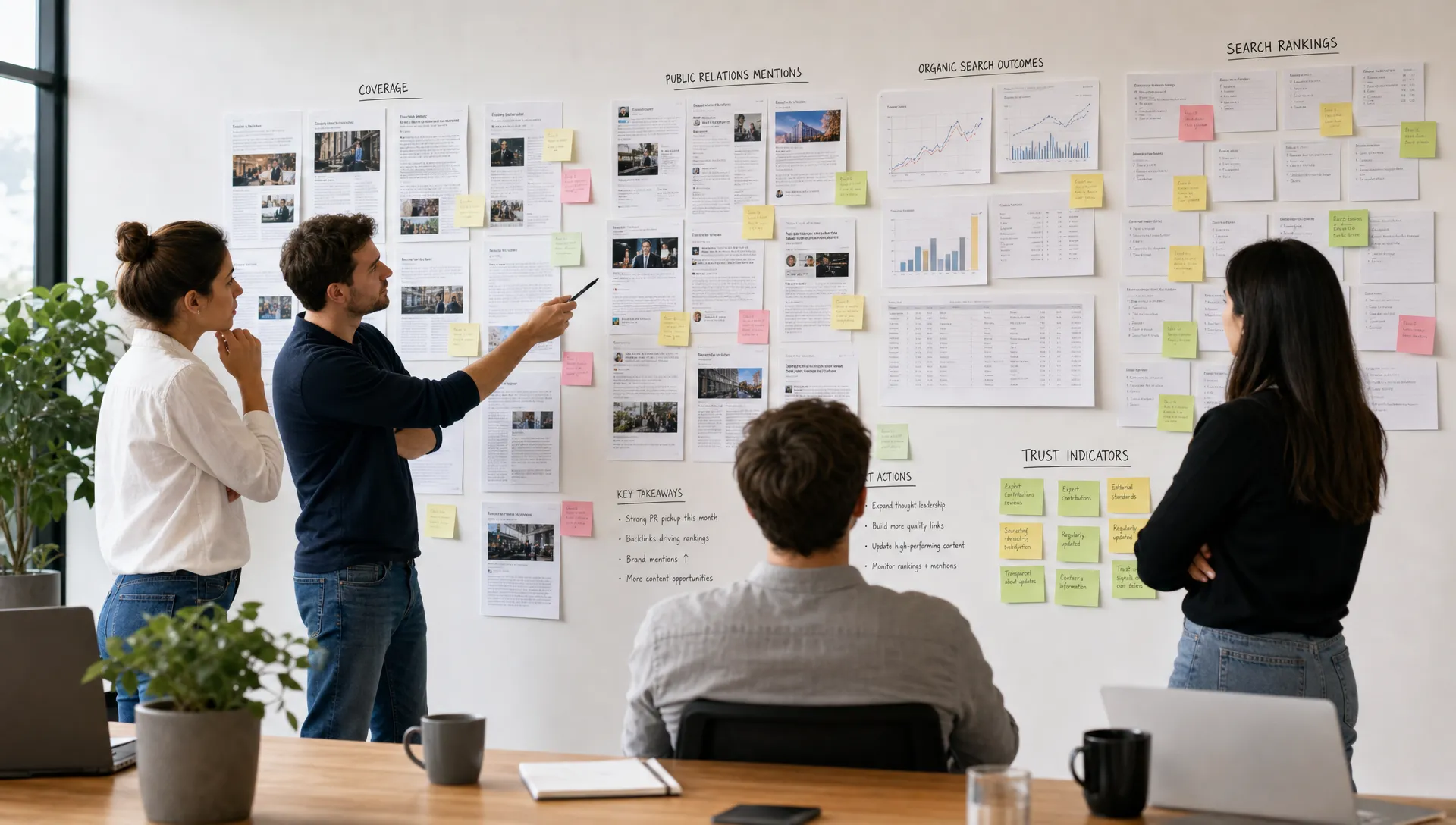 A marketing team reviews a wall of media coverage cards, search visibility notes, and brand trust signals tied to PR placements and SEO outcomes.