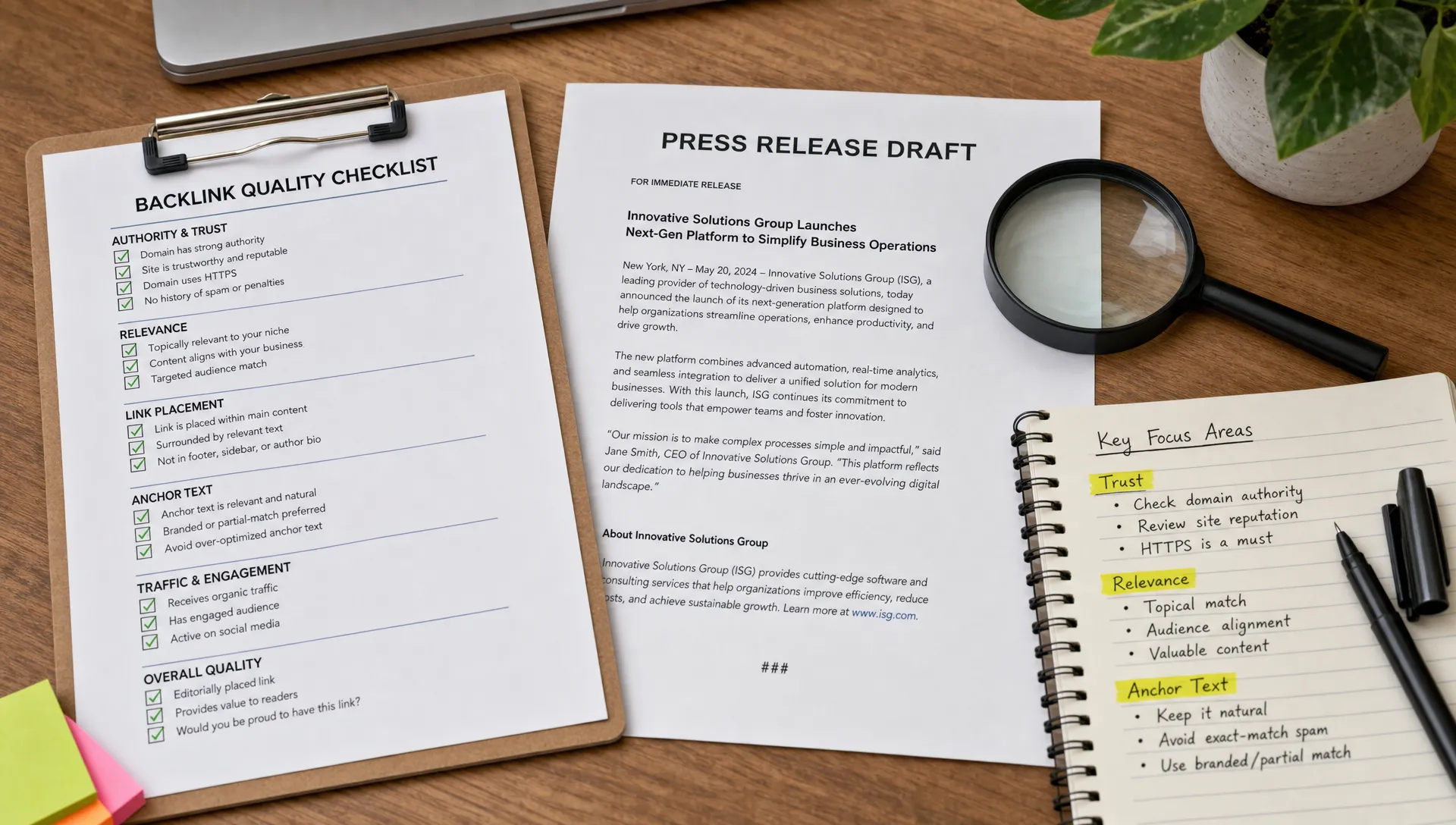 A backlink quality checklist lies beside a press release draft, a magnifying glass, and highlighted notes about trust, relevance, and anchor text.
