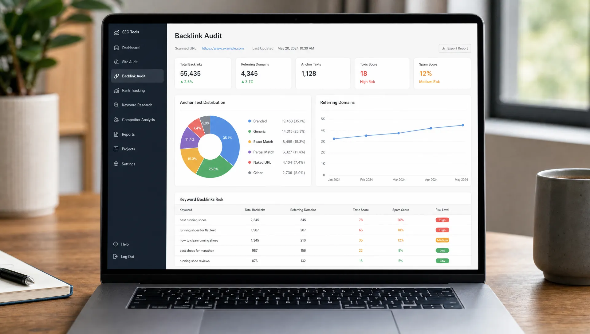 A backlink audit dashboard on a laptop screen shows anchor text categories, referring domains, and keyword backlinks risk indicators.