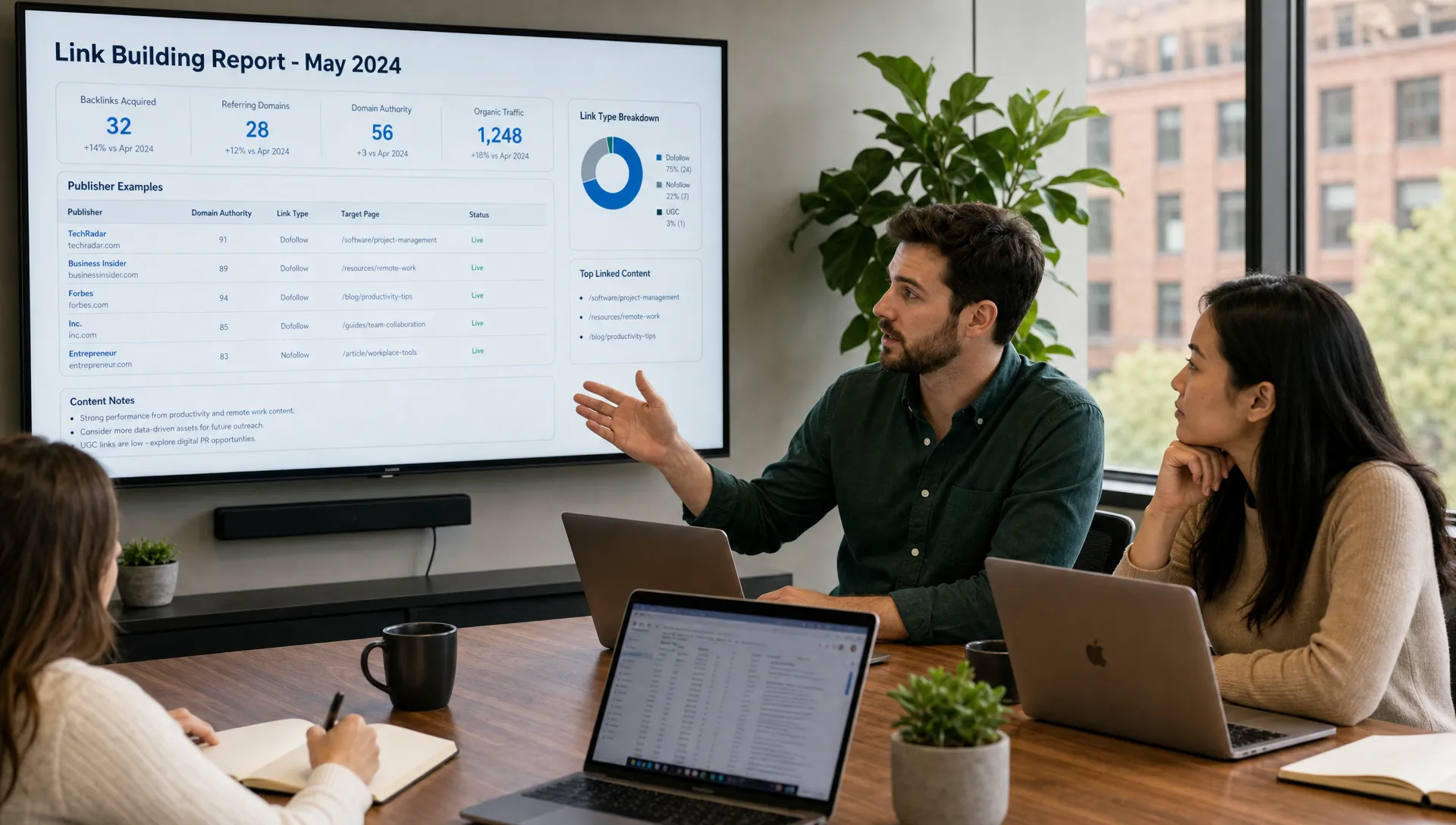 A marketing team reviews a link building report at a conference table with publisher examples, backlink metrics, and content notes beside laptops.