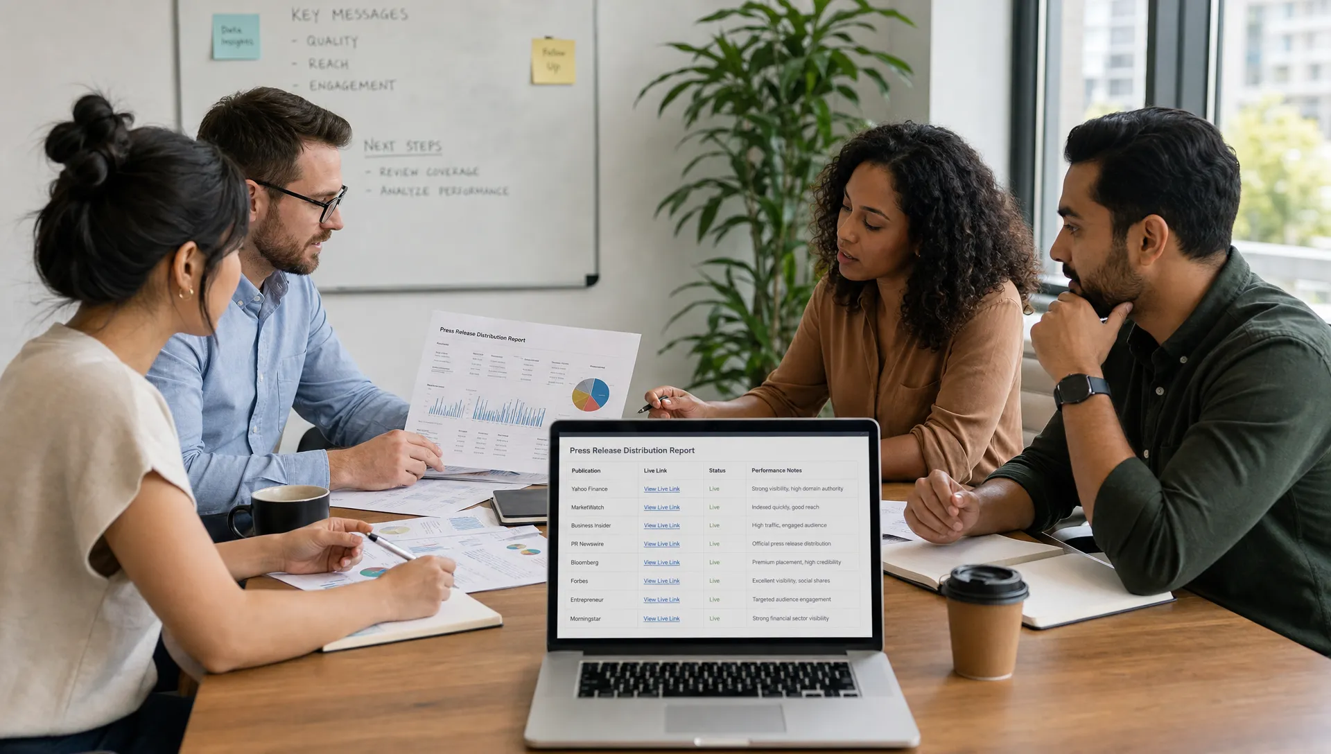 A marketing team reviews a press release distribution report with publication names, live link status, and performance notes on a shared conference table, with printed pages spread between them and a laptop facing the camera.