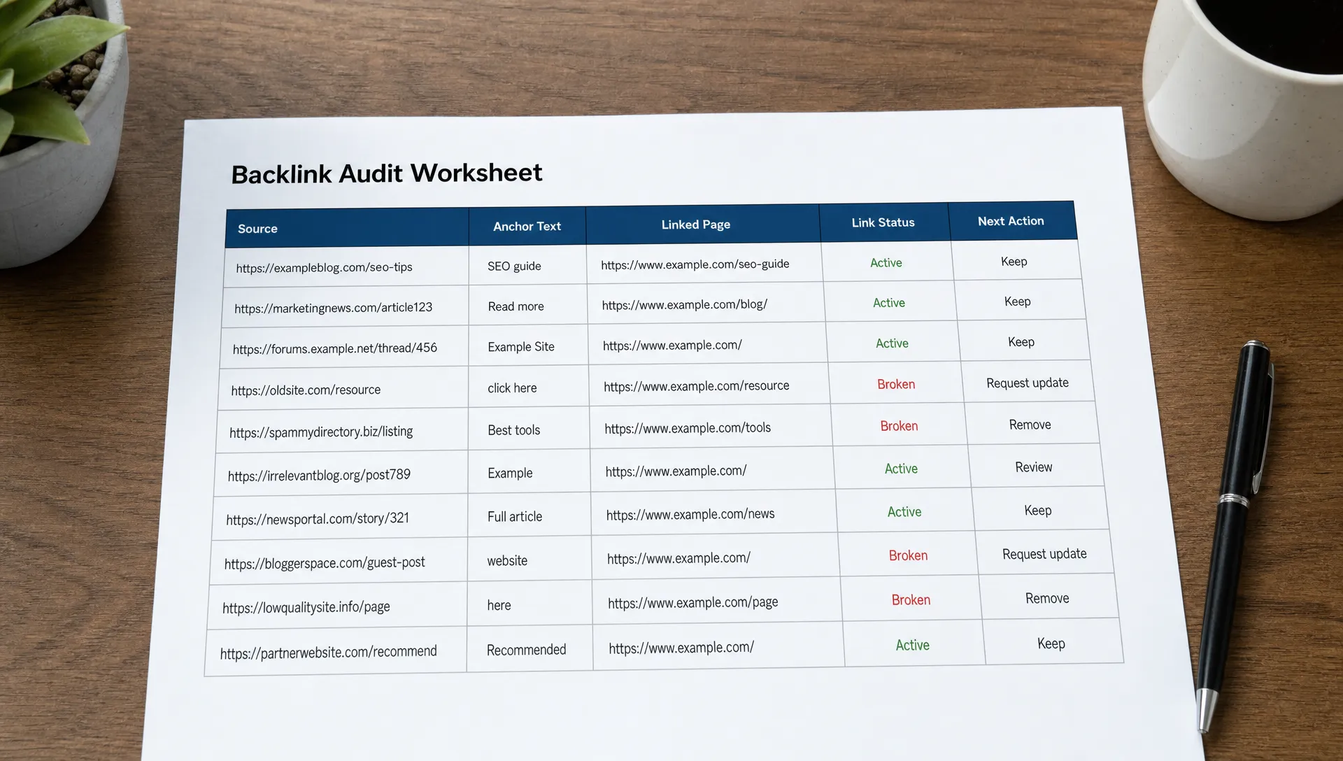 A printed backlink audit worksheet shows source, anchor text, linked page, link status, and next action columns on a desk.