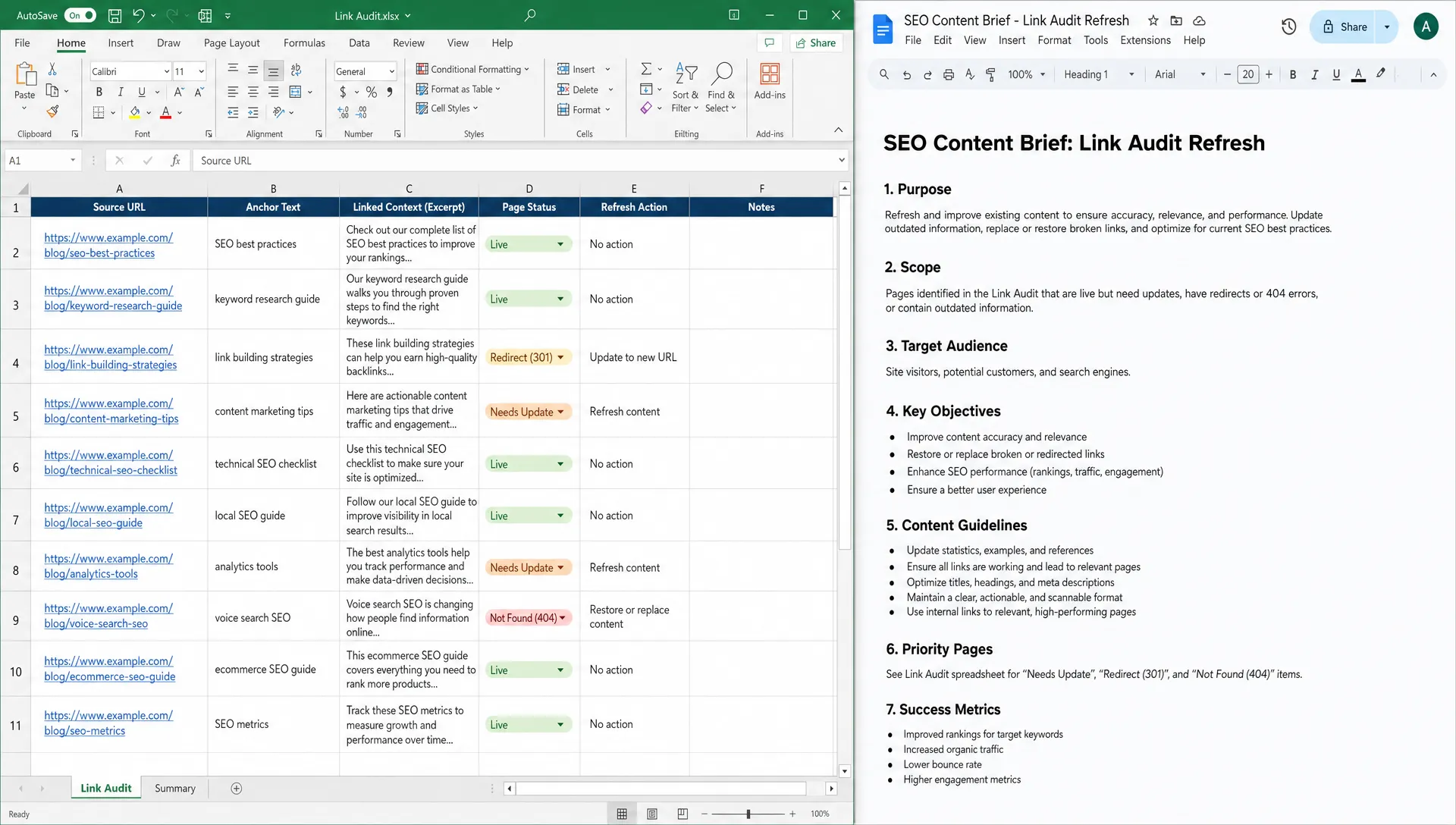 A spreadsheet and content brief sit side by side with source URLs, anchor text, linked context, page status, and refresh actions.