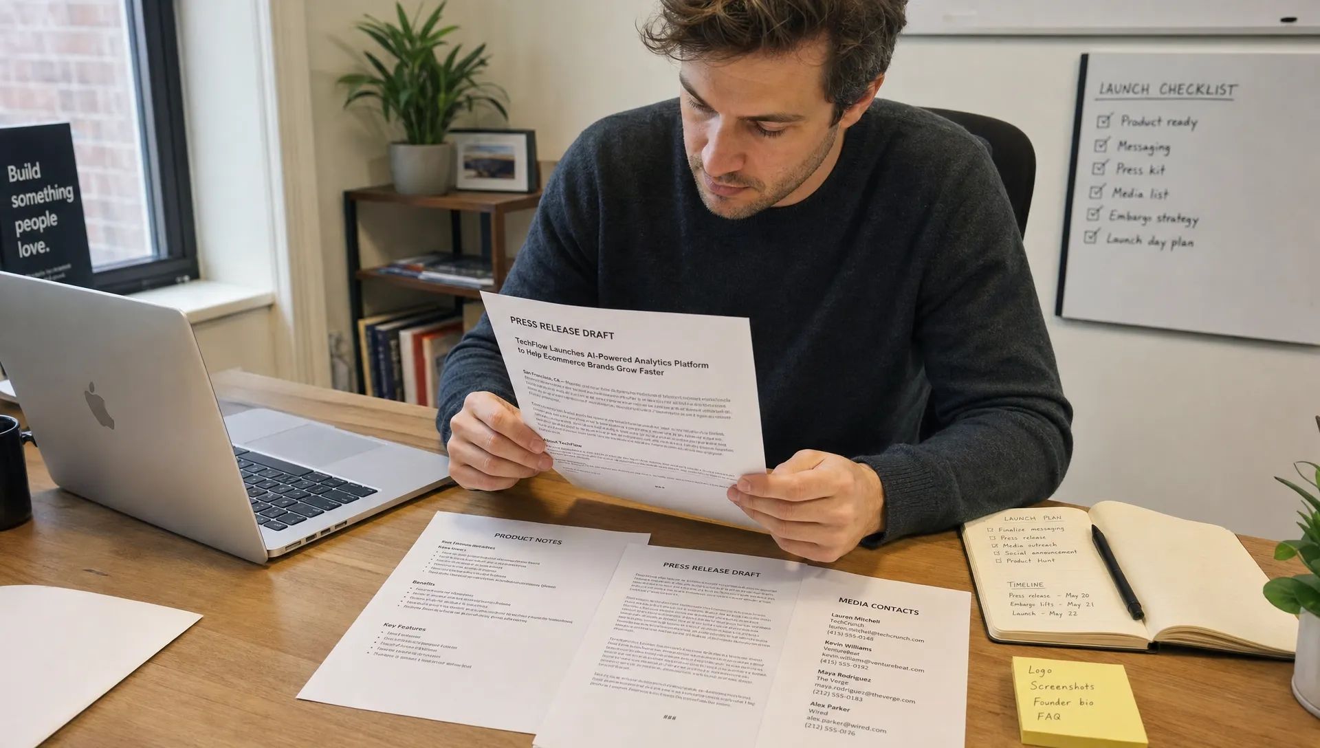 A founder reviewing printed press release drafts, product notes, and media contact details at a table while preparing a startup announcement package, with the papers spread out beside a laptop and notebook in a small office setting.