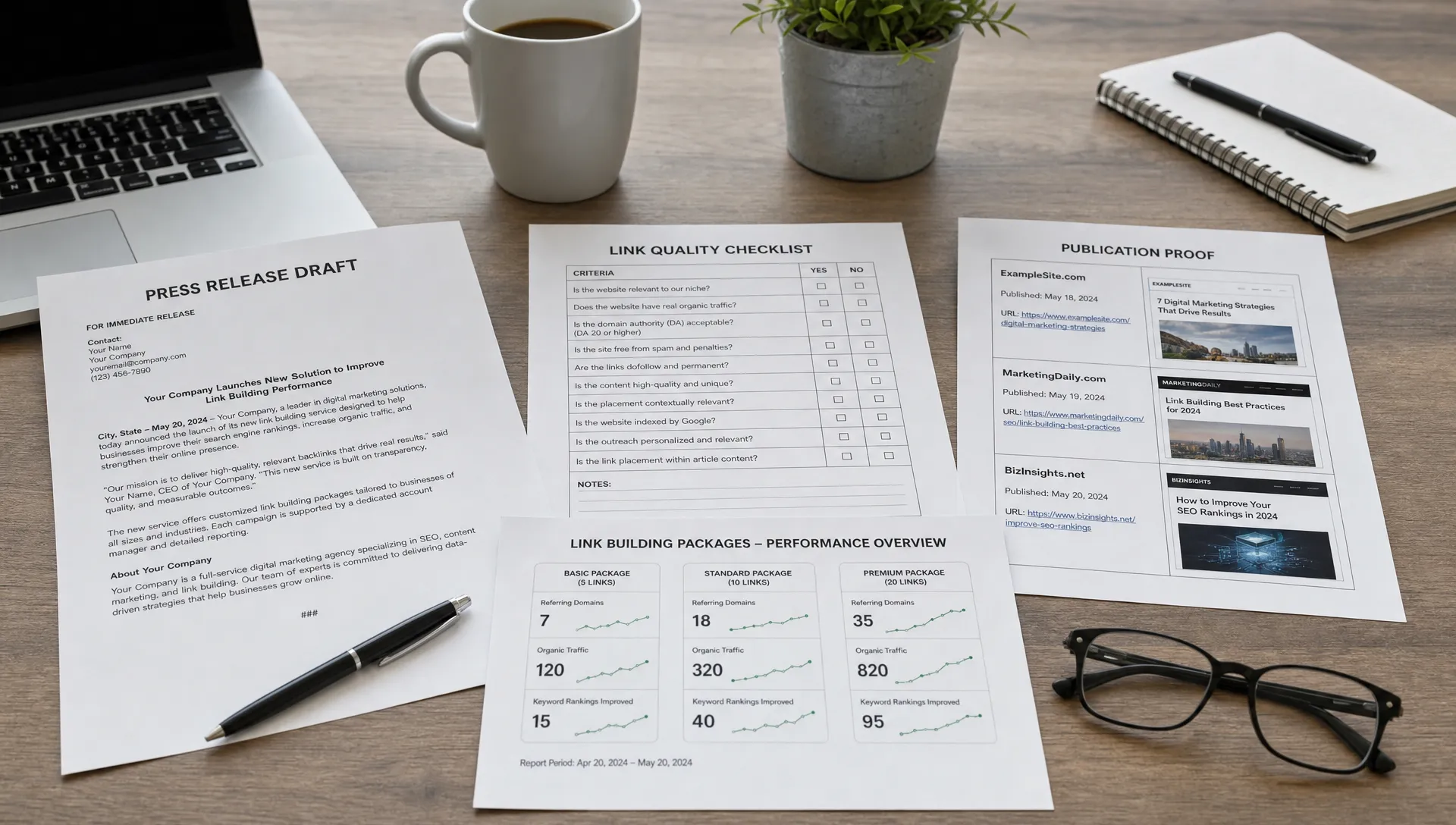 A desk holds a press release draft, a link quality checklist, publication proof sheets, and simple analytics charts for link building packages.