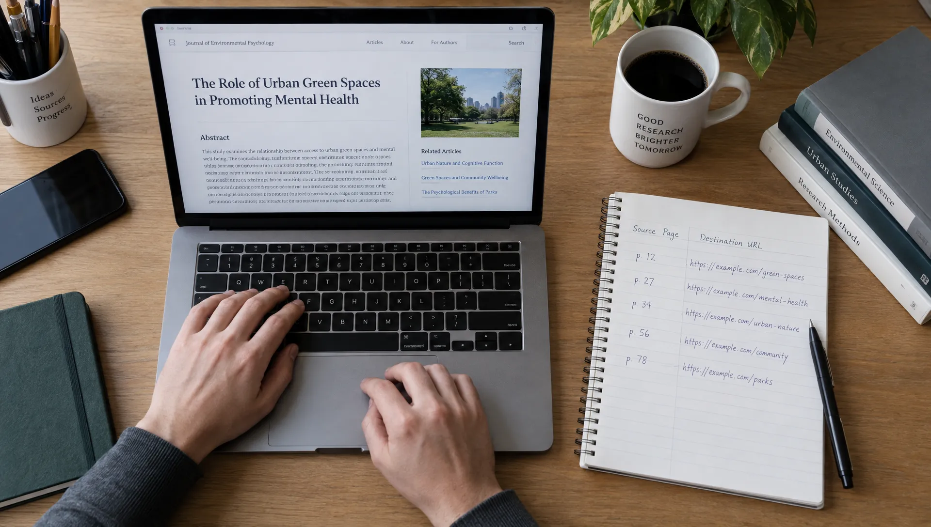 Overhead view of a researcher’s hands checking a publication page on a laptop beside a notebook that records source pages and destination URLs.