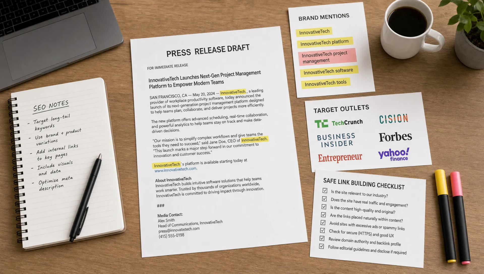 A press release draft sits beside highlighted brand mentions, SEO notes, outlet logos, and a checklist for safe link building decisions.