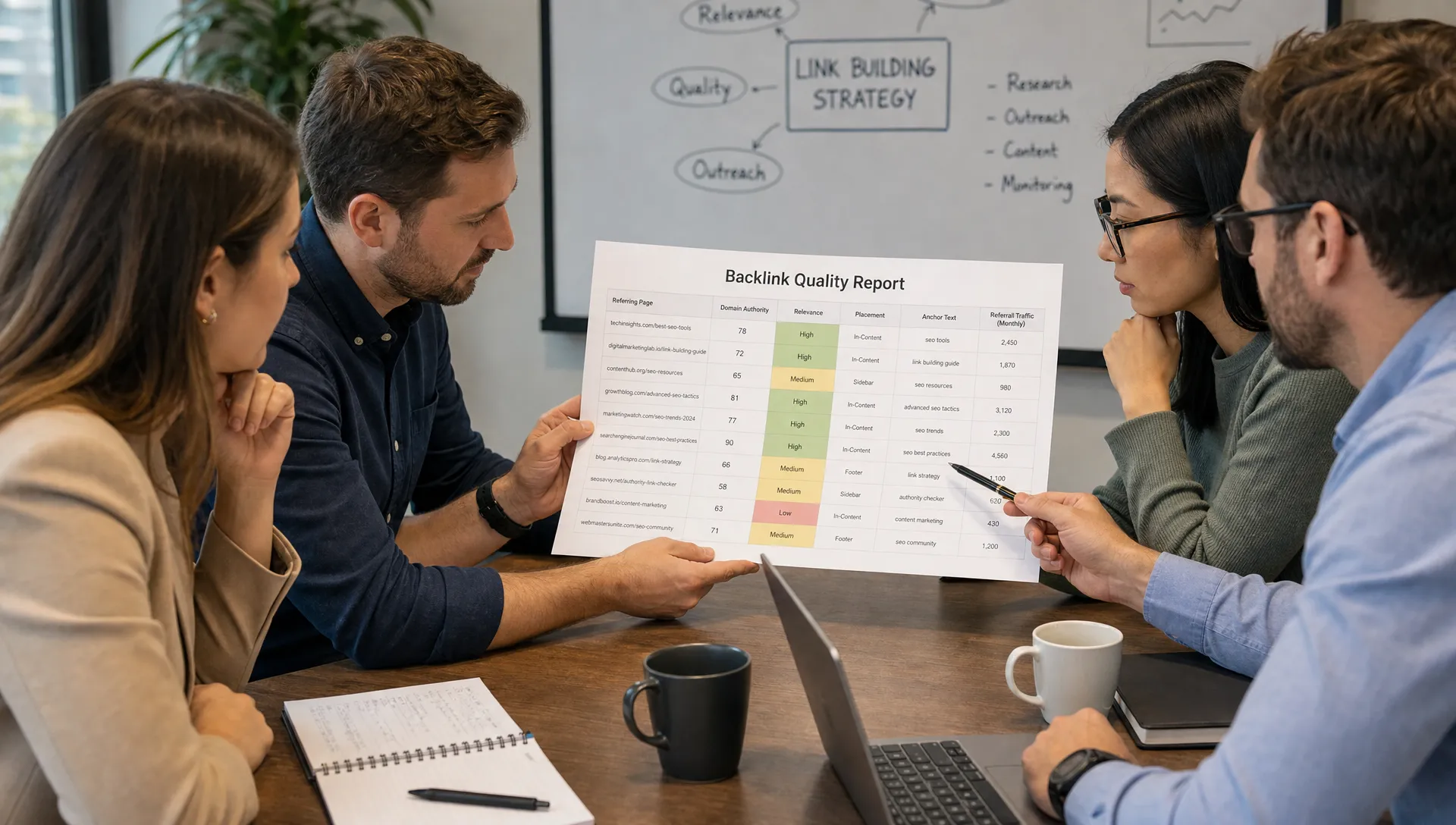A marketing team reviews a printed backlink quality report at a conference table, with highlighted rows for relevance, placement, anchor text and referral traffic.