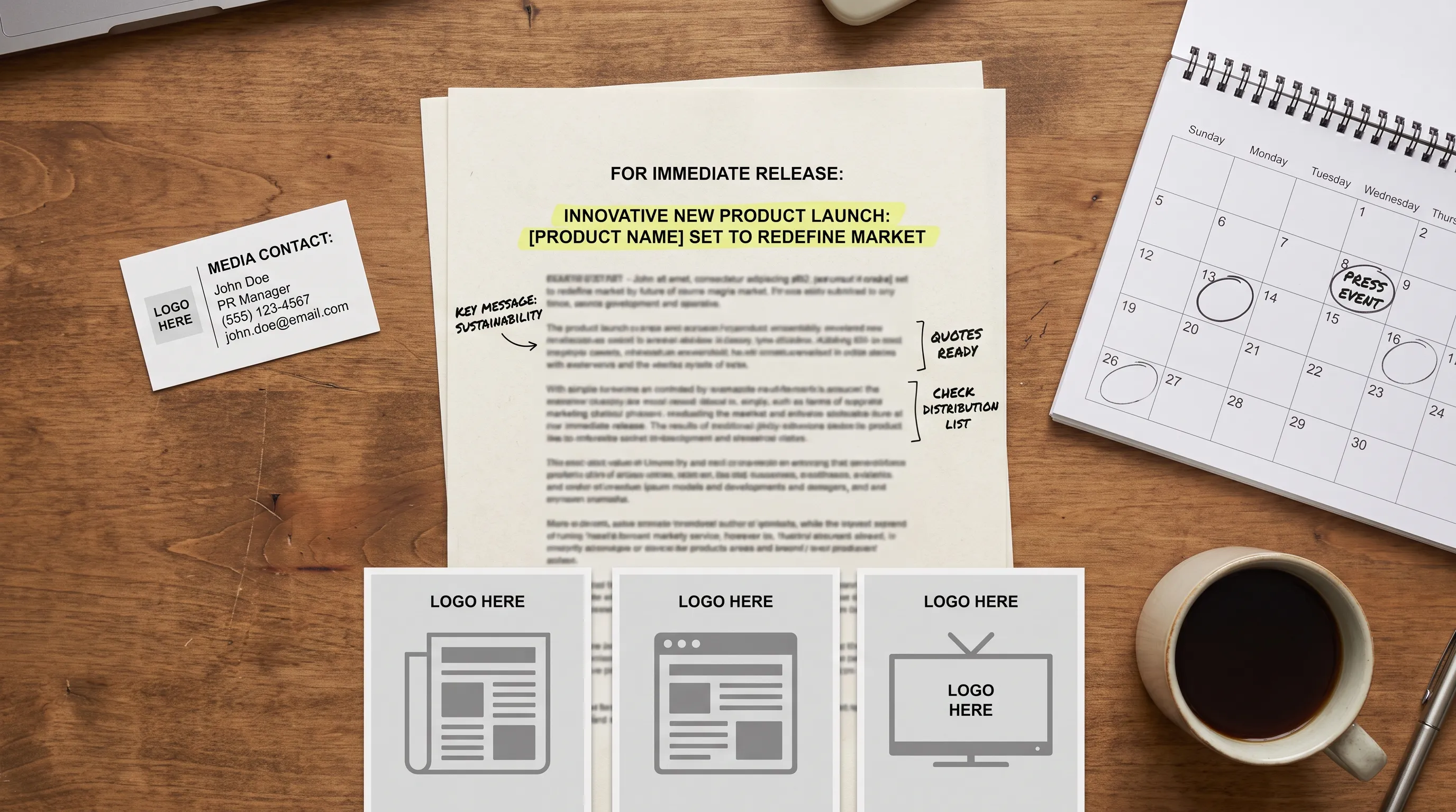 A completed press release draft on a desk with a highlighted headline, concise notes, a media contact card, a calendar, and publication logo placeholders arranged around it.