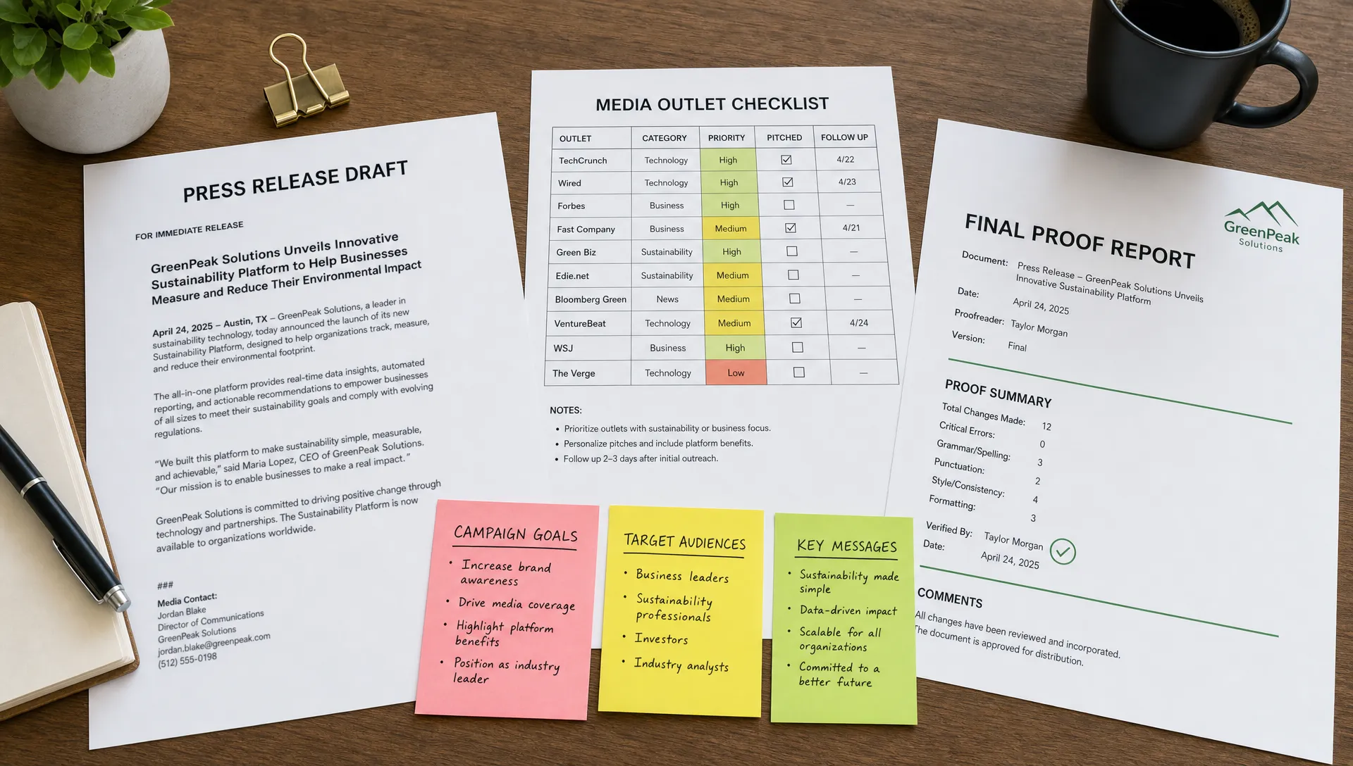 A tidy editorial table with a printed press release draft, a highlighted media outlet checklist, sticky notes with campaign goals, and a final proof report laid out for review.