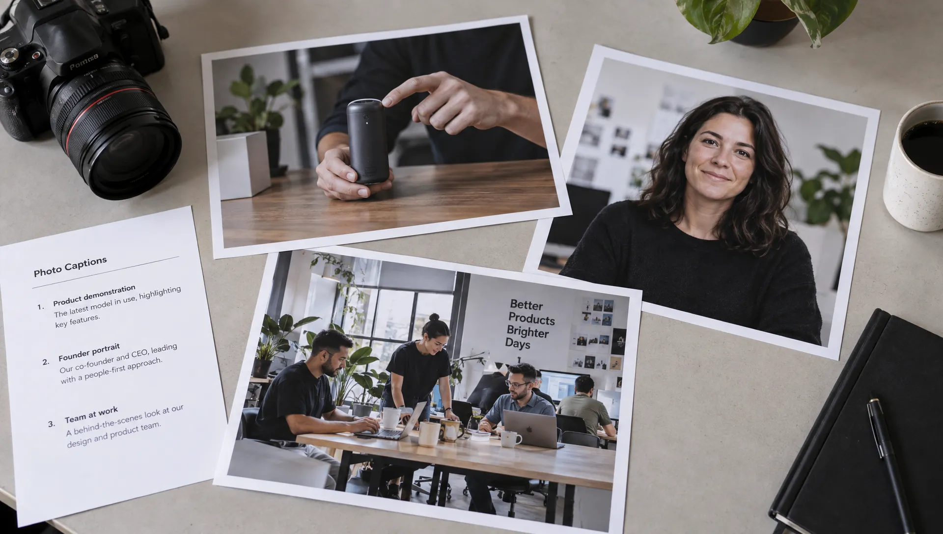 Printed photographs of a product demonstration, a founder portrait and a workplace scene are spread across a studio table beside a camera and caption sheet.
