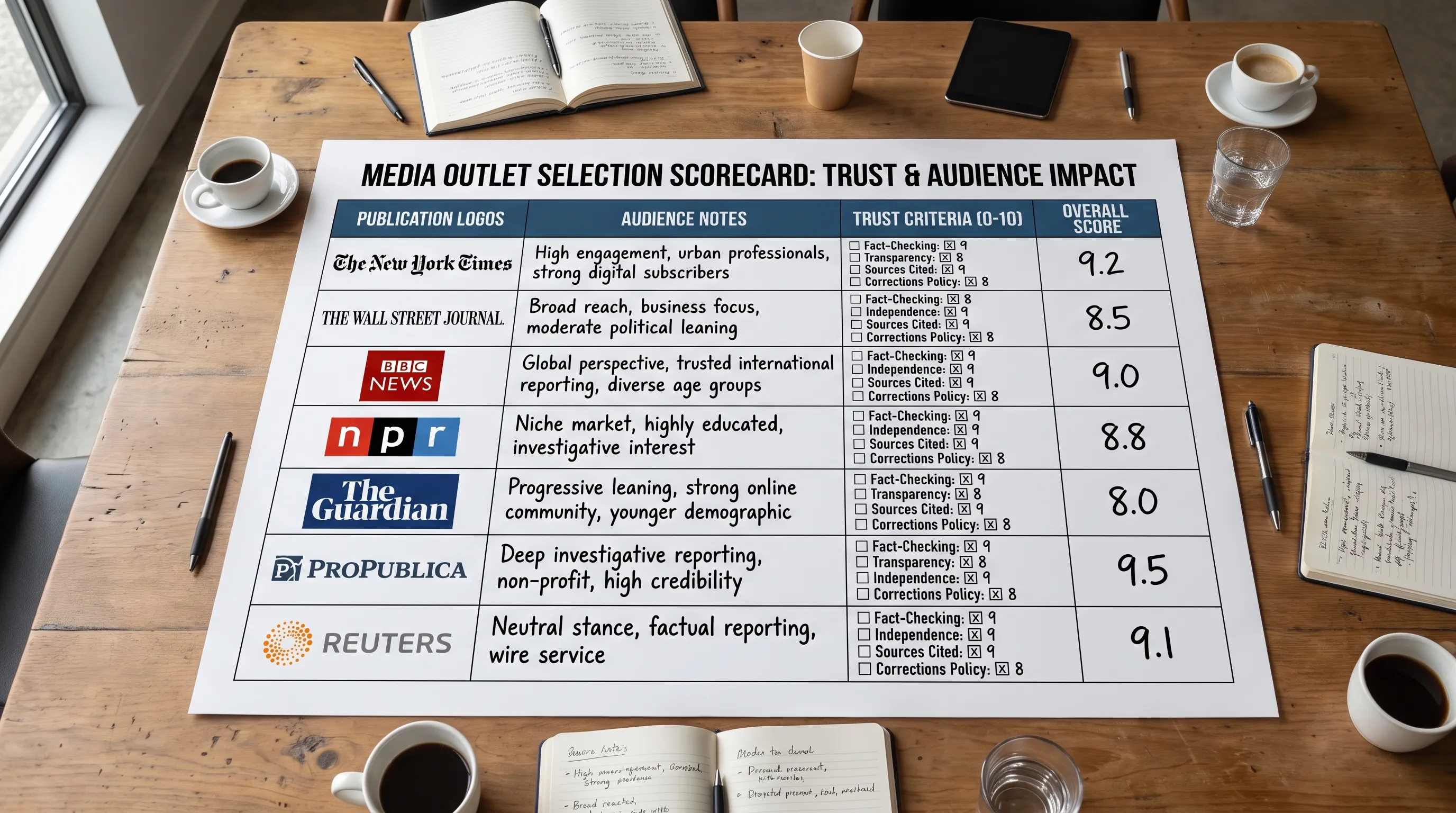 A conference table covered with a media outlet selection scorecard, printed publication logos, audience notes, and trust criteria organized into clear columns, viewed from above in a meeting room.