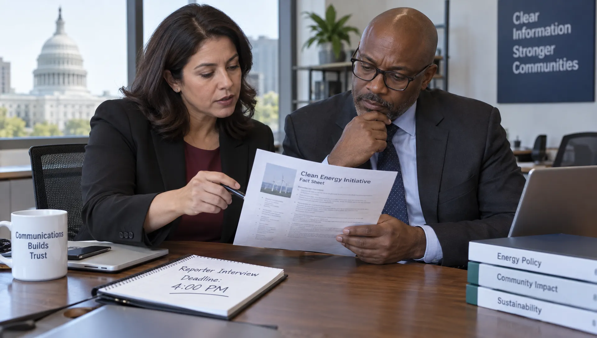 A communications lead and subject-matter specialist review a printed fact sheet and the reporter’s deadline before an interview.