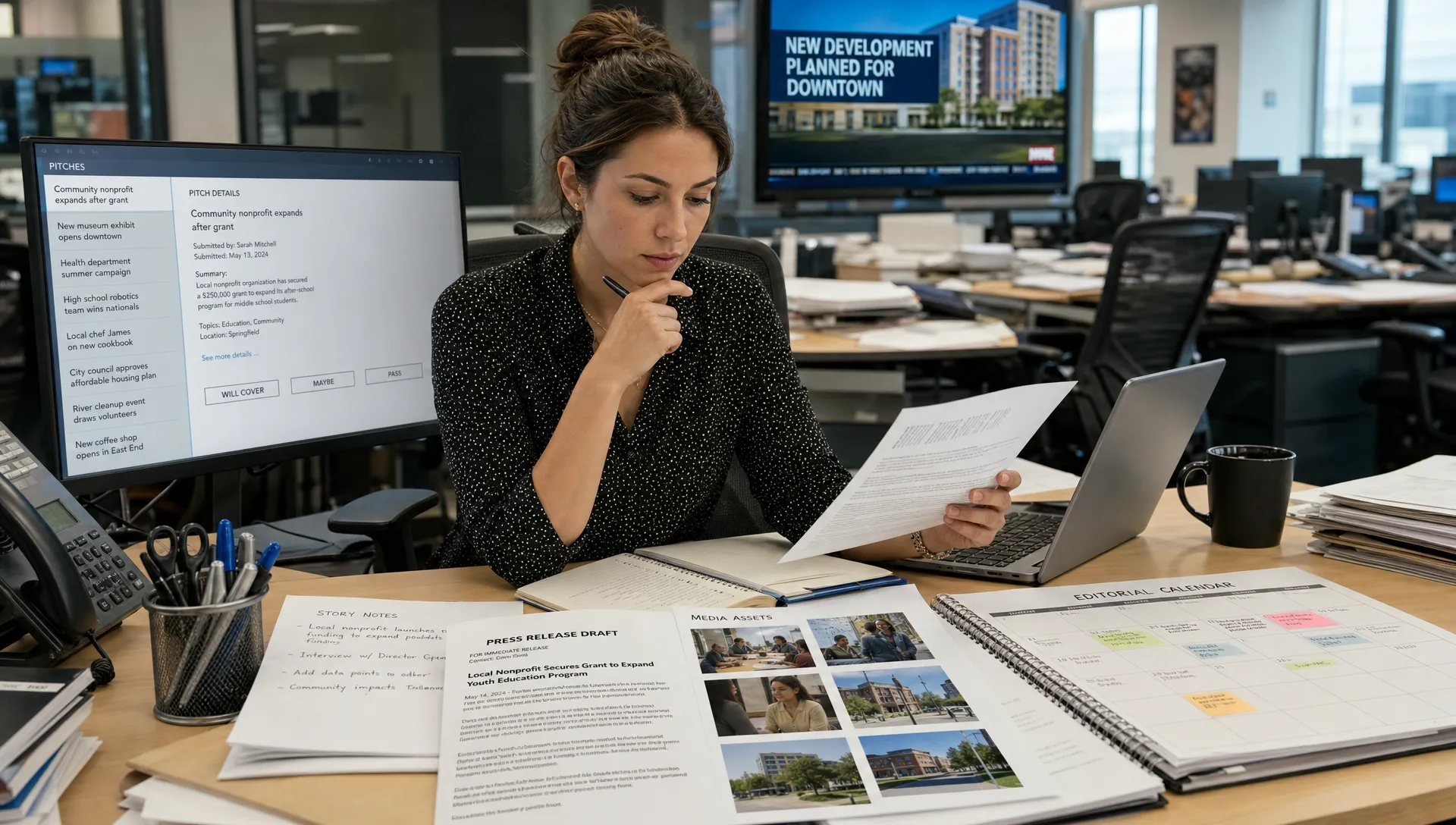 An editor studies story notes, a press release draft, media assets, and an editorial calendar in a busy newsroom work area while deciding which pitches fit the publication.