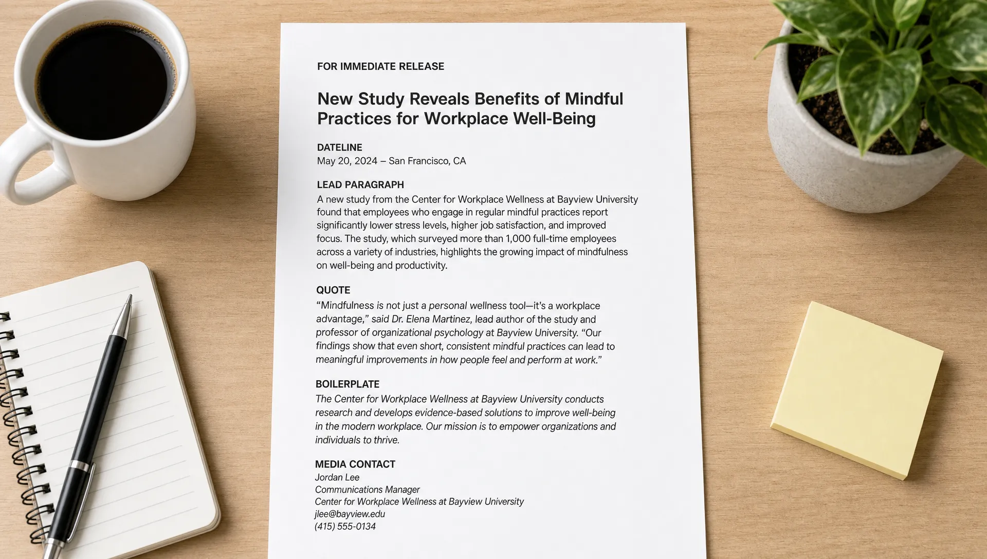 A neatly arranged printed press release on a desk with the headline, dateline, lead paragraph, quote, boilerplate, and media contact sections clearly marked for review, viewed from above on a clean workspace.