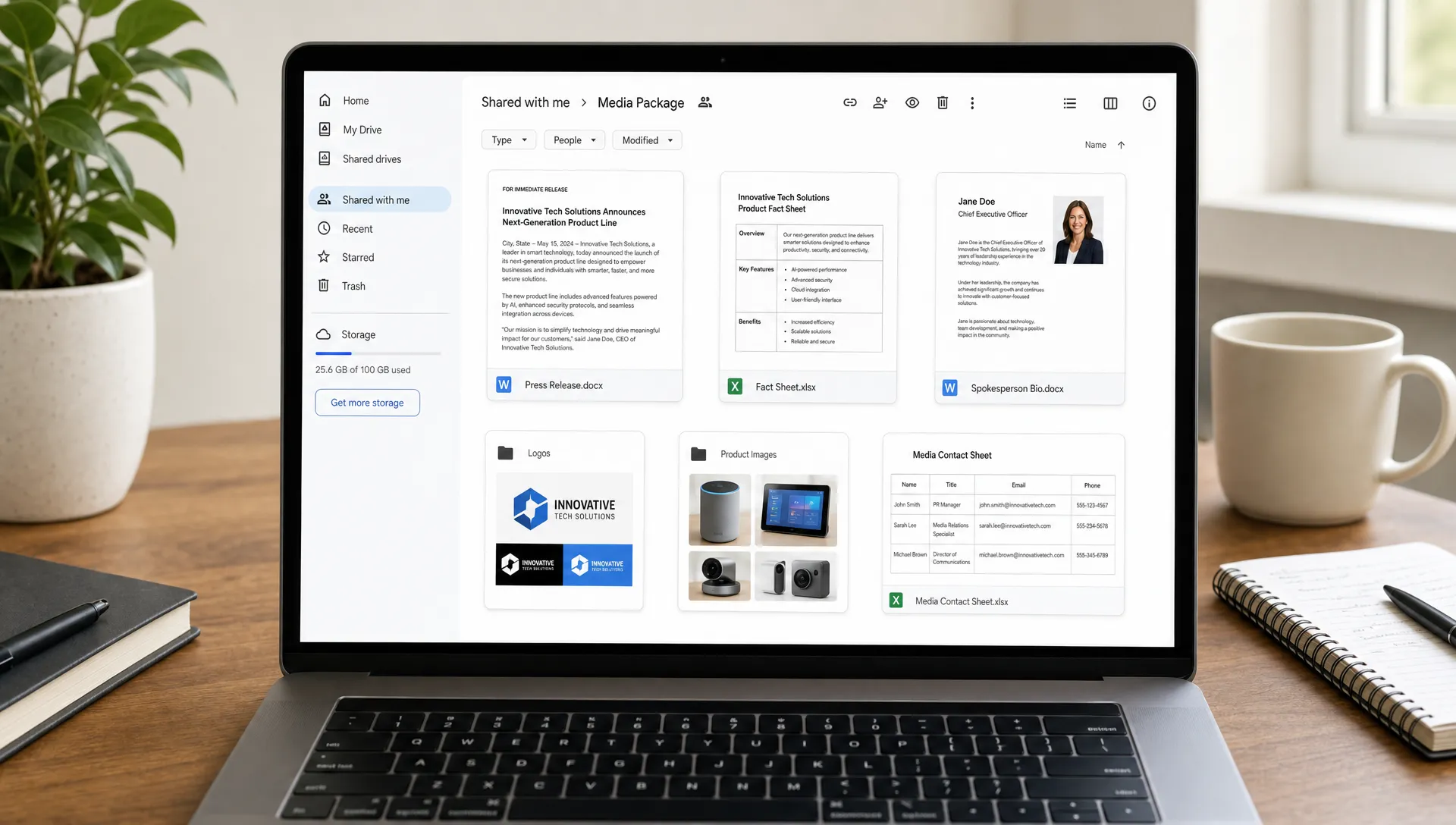 A neatly organized media package folder showing labeled press release, fact sheet, spokesperson bio, logos, product images, and contact sheet documents arranged in a shared file view on a clean workspace.