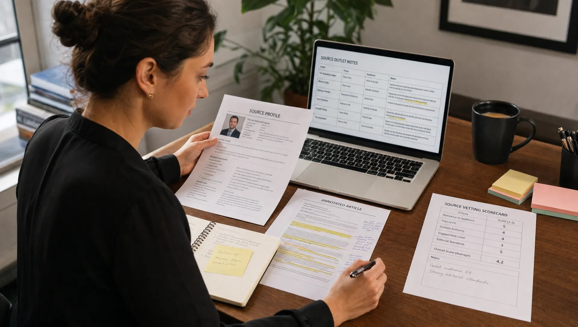 A PR strategist reviews printed source profiles, annotated articles, outlet notes, and a vetting scorecard to check audience fit and credibility.