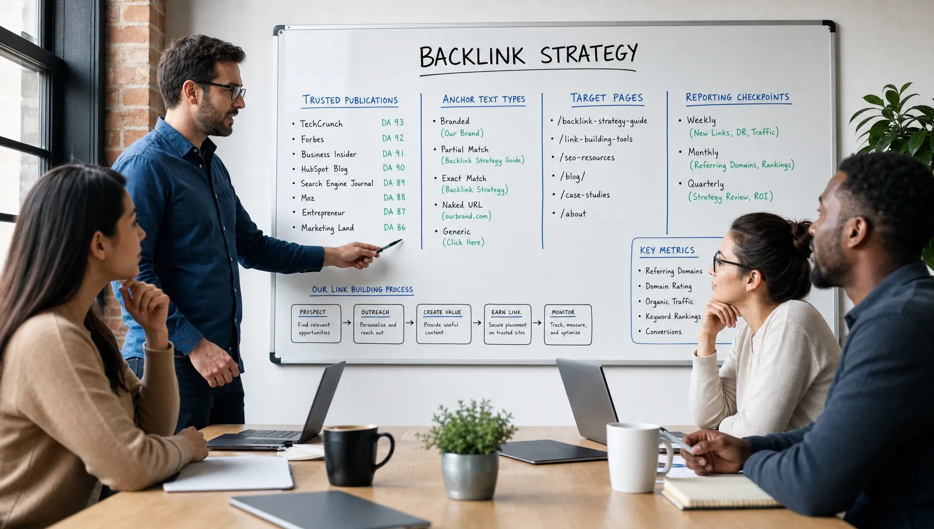 A marketing team reviews a backlink strategy board with trusted publications, anchor text types, target pages, and reporting checkpoints.
