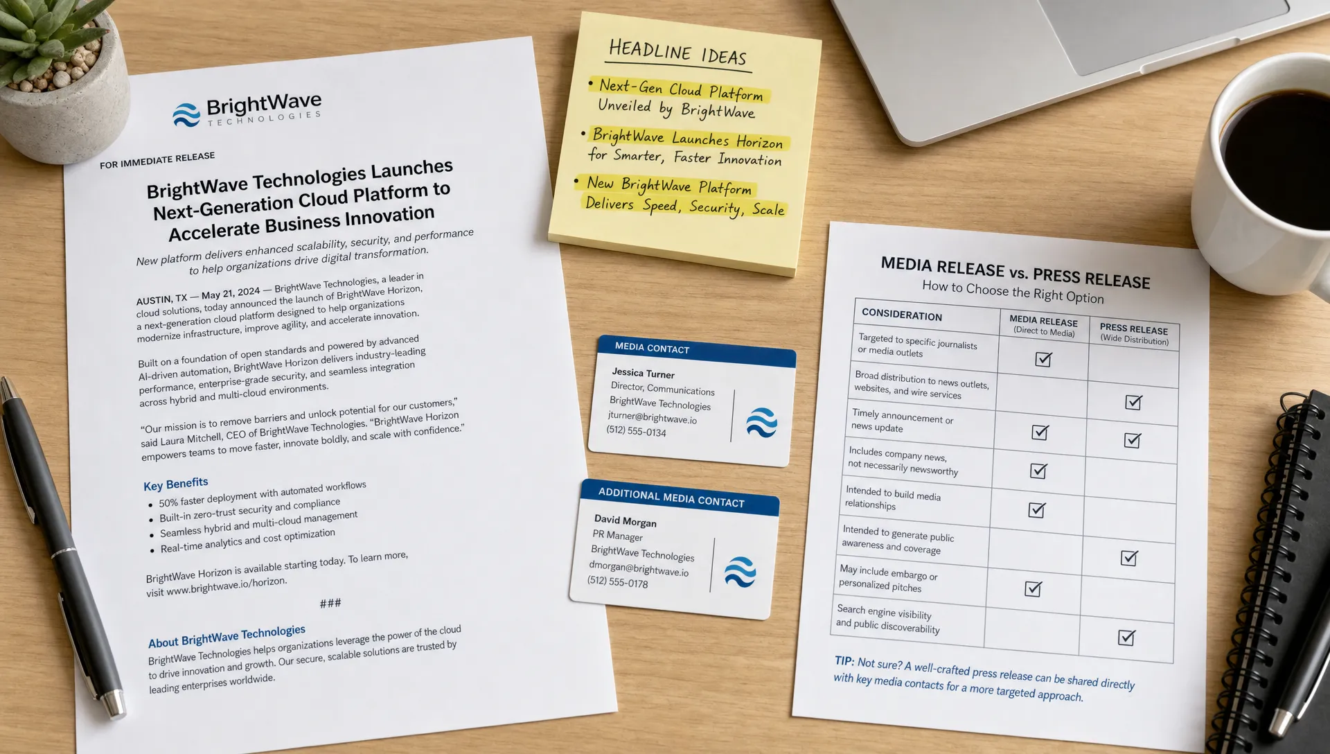 A desk with a printed brand announcement, highlighted headline notes, media contact cards, and a checklist for choosing between a media release and a press release.