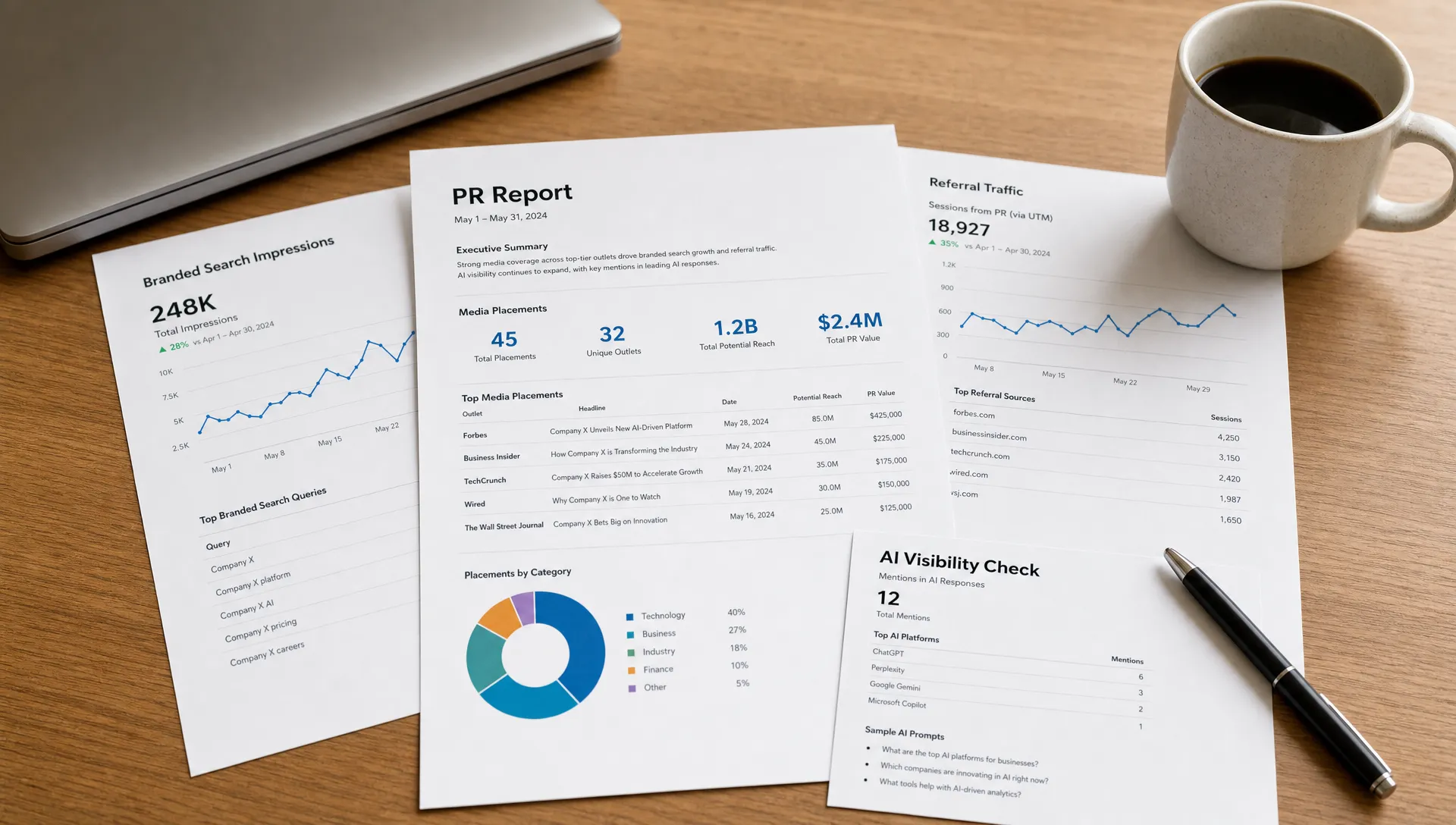 Printed PR reporting sheets on a desk show media outlet placements, branded search impressions, referral traffic notes, and AI visibility checks beside a closed laptop and a coffee cup.