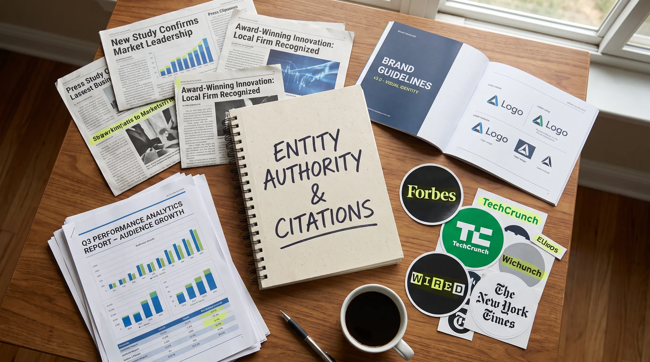 A tabletop arrangement of printed press clippings, brand guidelines, analytics reports, and highlighted media logos around a notebook labeled entity authority and citations.