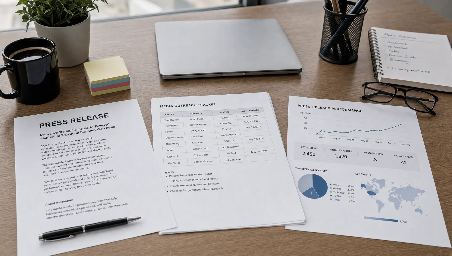 A press release distribution workspace with printed drafts, outlet notes, analytics papers, and a closed laptop on the desk.