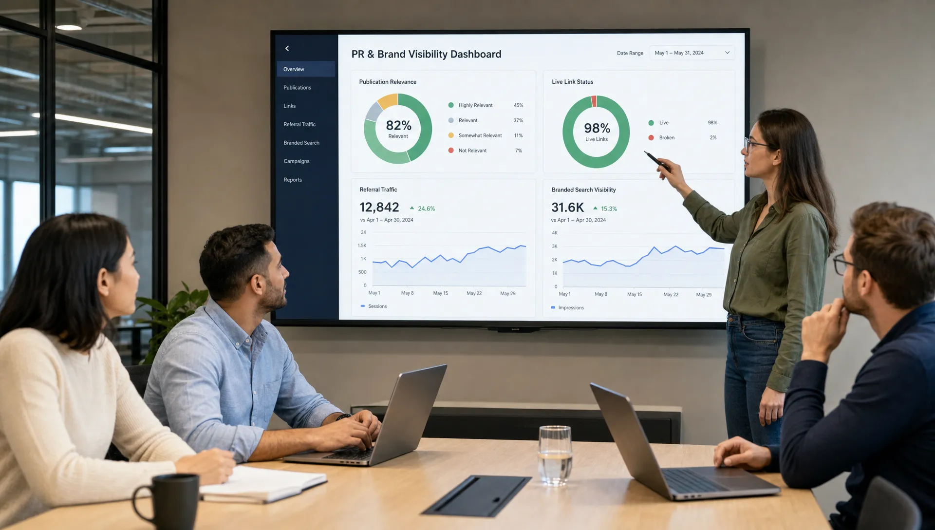 A marketing team reviews a shared dashboard with publication relevance, live link status, referral traffic, and branded search visibility.