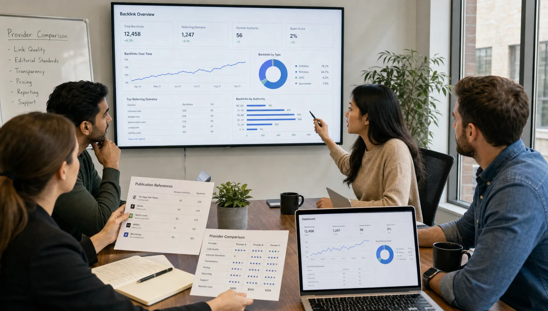 A marketing team reviews backlink reports, publication references, and a dashboard during a provider comparison meeting.