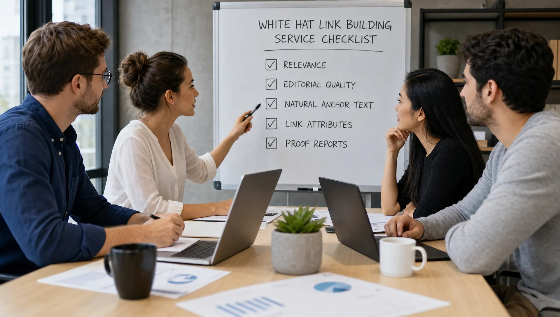 A marketing team reviews a checklist for a white hat link building service, including relevance, editorial quality, natural anchor text, link attributes and proof reports.