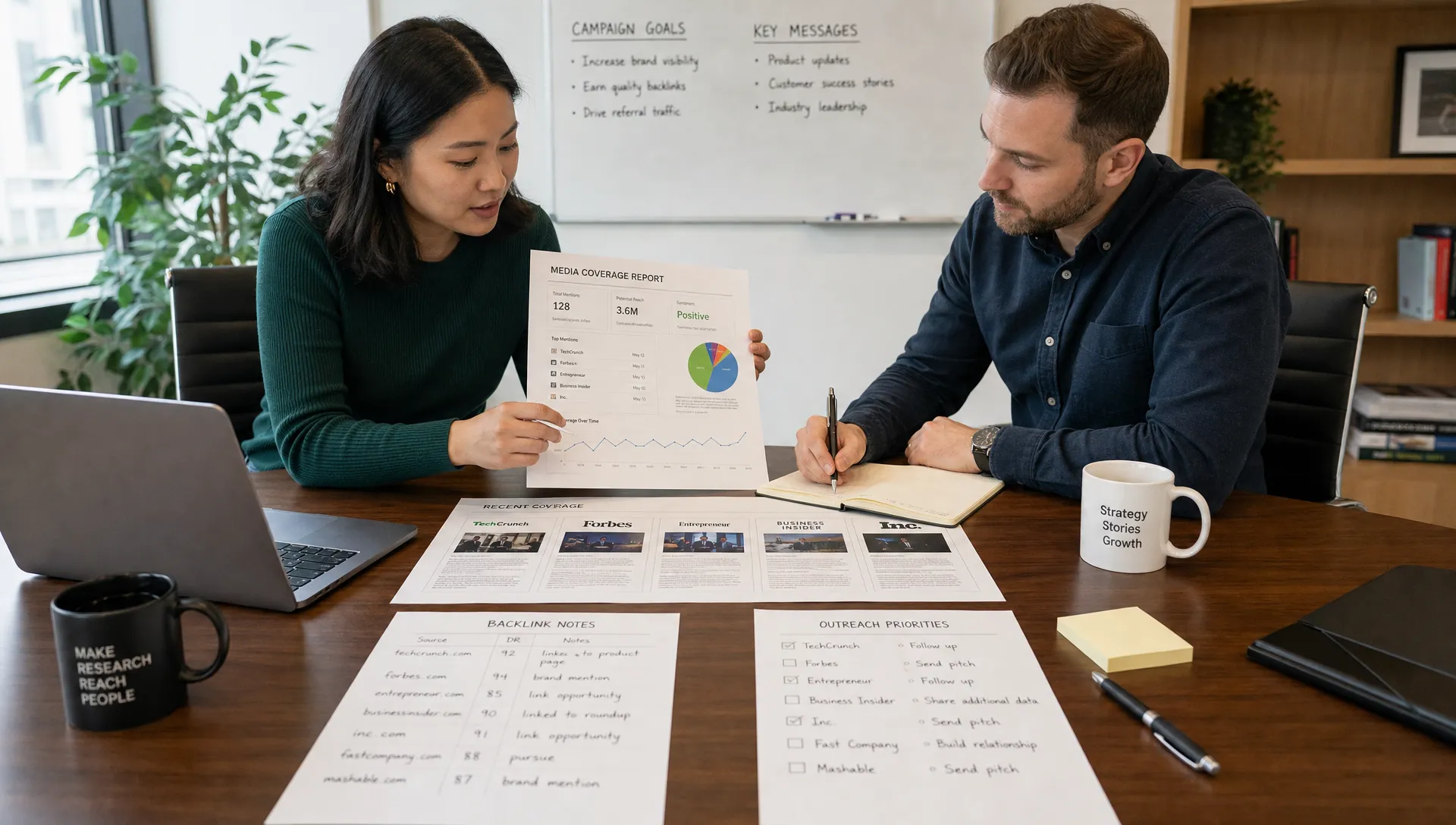Two marketers review a media coverage report and backlink notes on a conference table, with printed sources and outreach priorities between them.