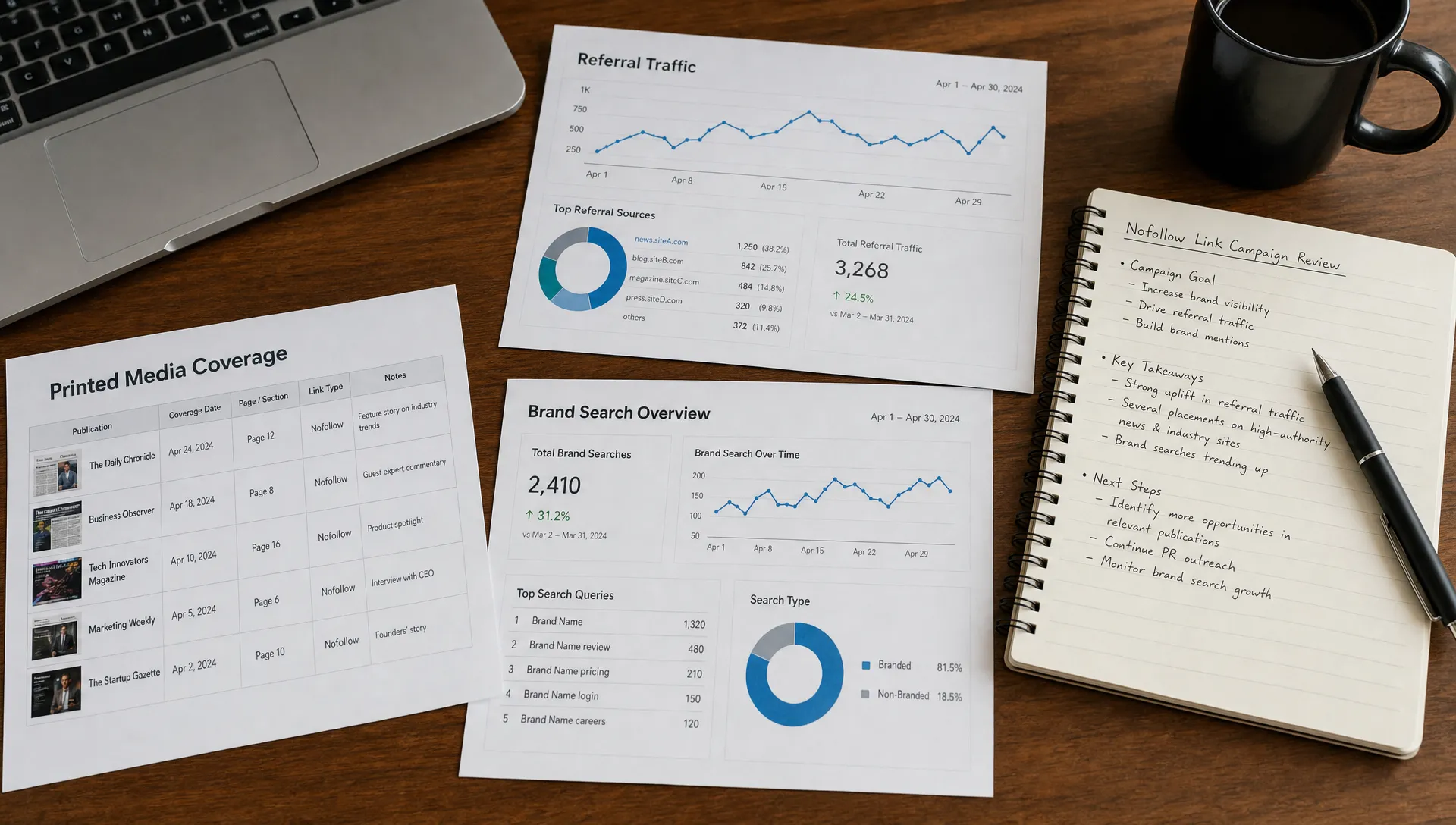 Printed media coverage reports, referral traffic charts, and brand search notes are spread across a desk to review a nofollow link campaign.