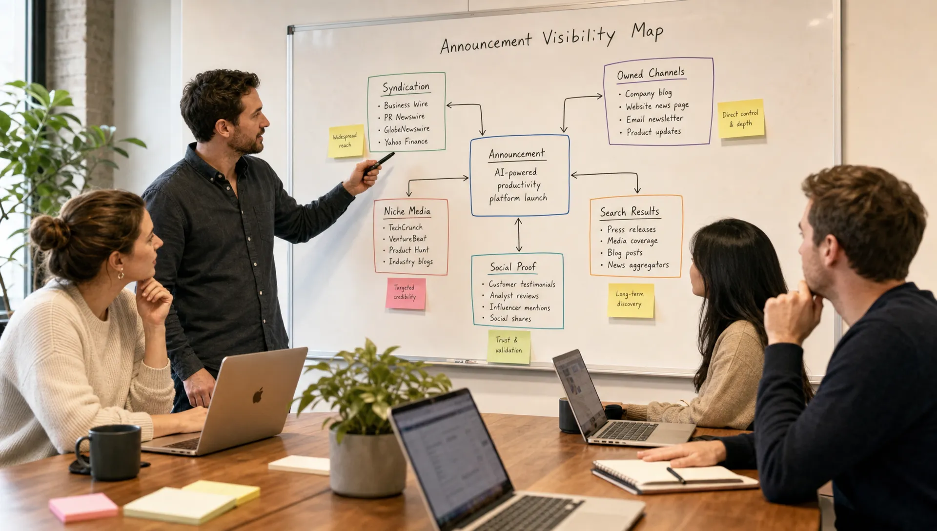 A marketing team reviews a visibility map connecting syndication, niche media, owned channels, search results and social proof around one announcement.