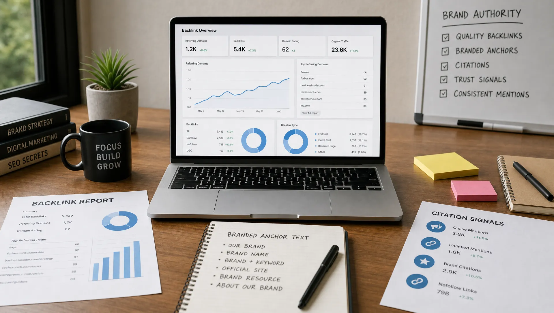 A desk with backlink reports, referring domains, branded anchor text notes, and citation signals tied to brand authority.